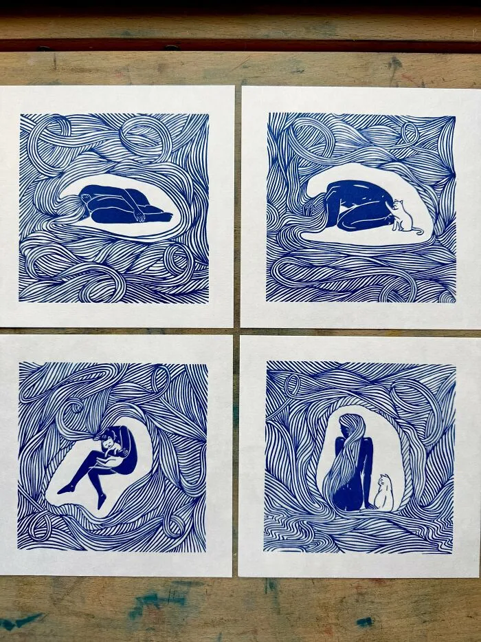 My Cat Stayed When Everything Else Felt Gone  My Recently Printed Linoprints