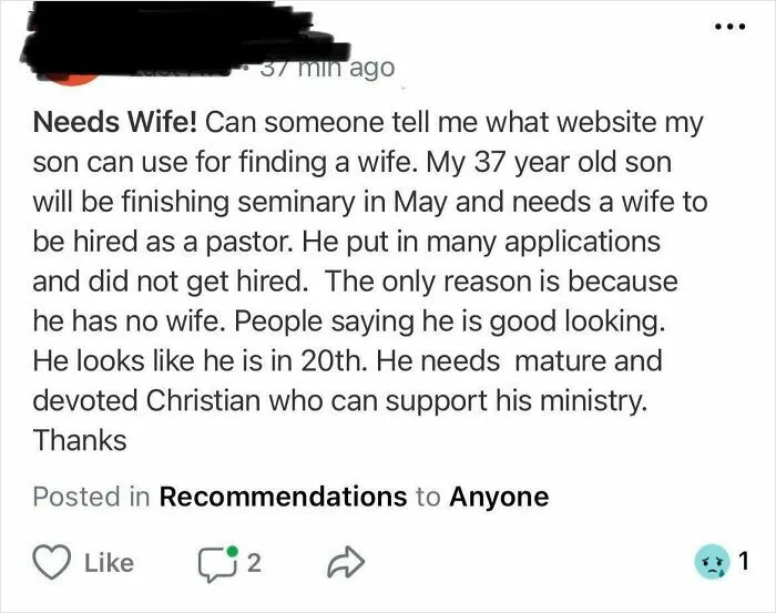 Mother On NextDoor Seeking Wife For Her (Hopefully) Pastor Son