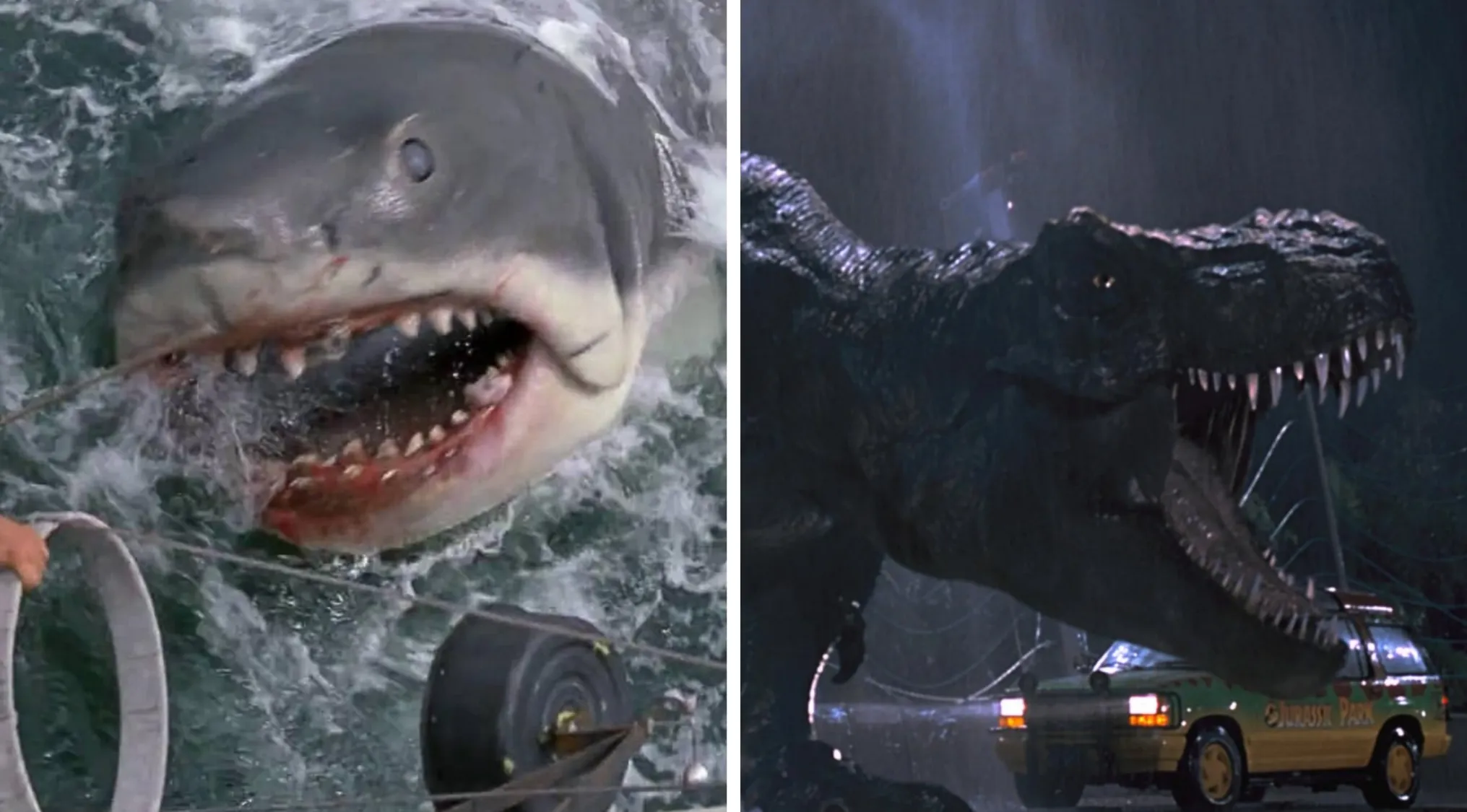 Shark leaping from water and T-Rex roaring over Jurassic Park vehicle in iconic movie scenes.