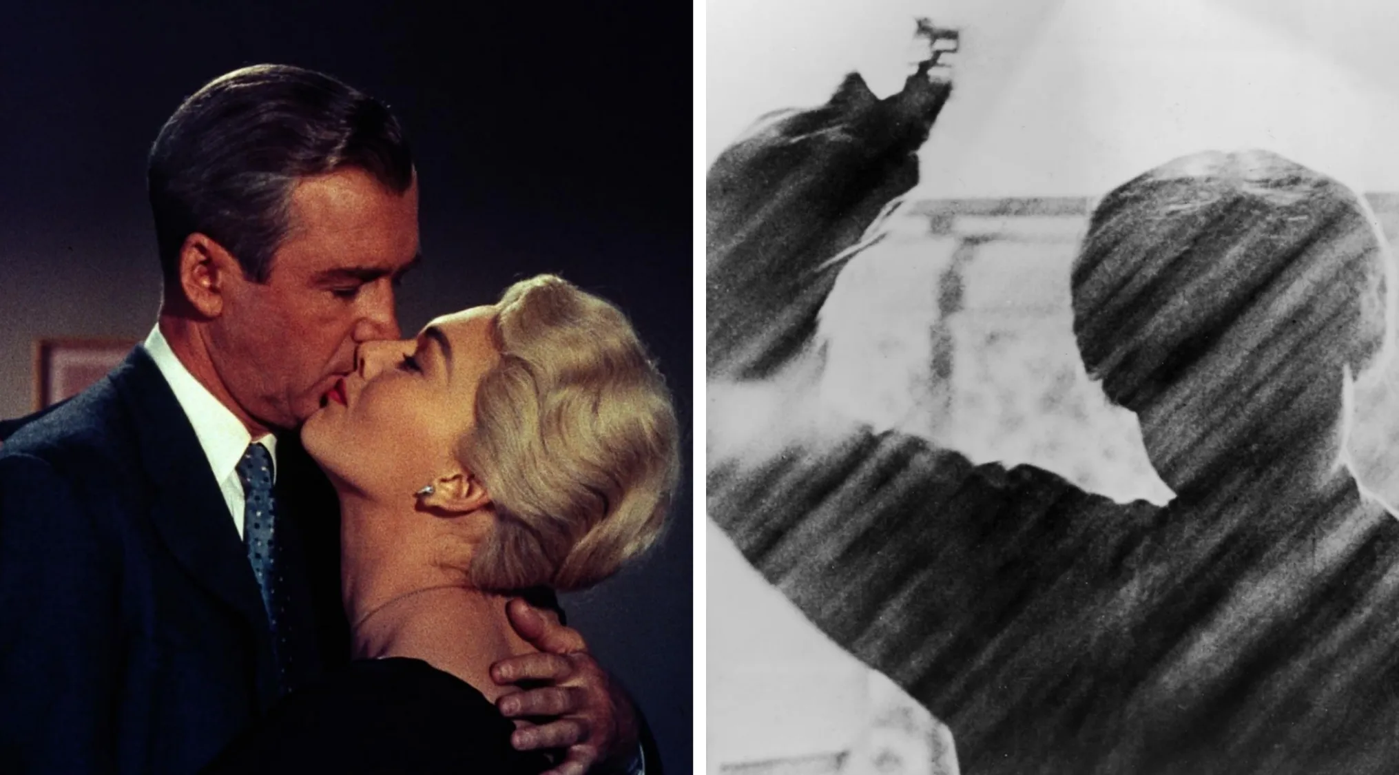 Famous movie scenes from Vertigo and Psycho, iconic films directed by Alfred Hitchcock, shown in color and black and white.