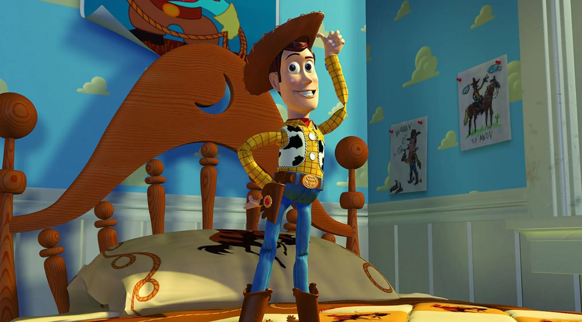 Woody the toy cowboy standing on a bed in a colorful Toy Story movie room with drawings on the wall.