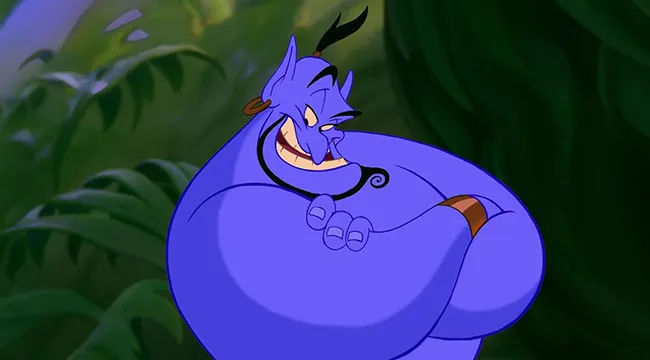 Blue genie with crossed arms and mischievous smile in a lush jungle setting, representing job matches your soul concept.