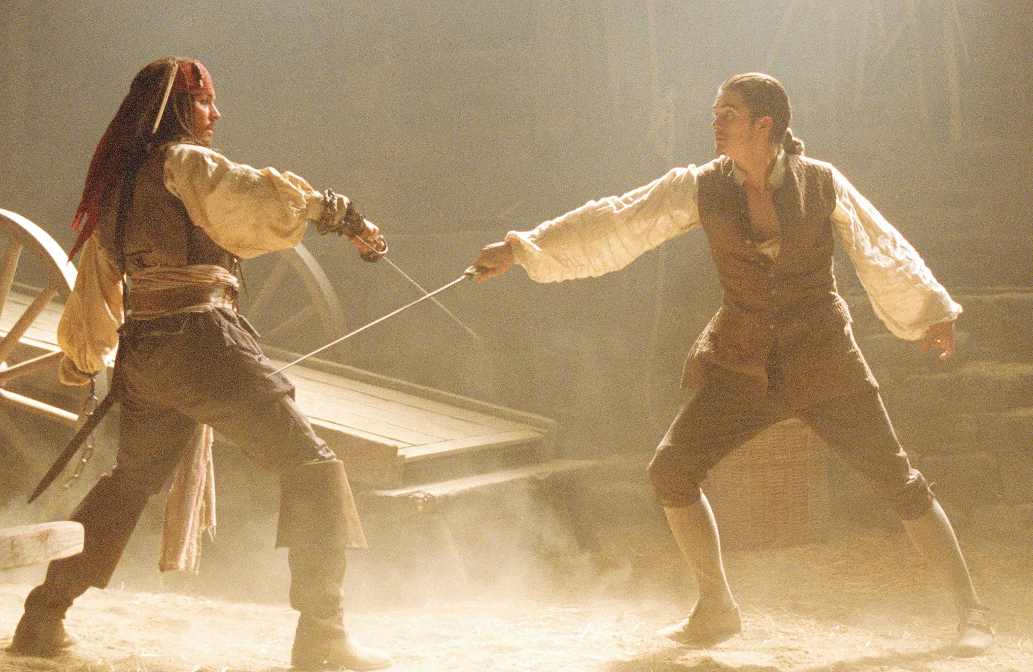 Pirate duel scene with characters in period costumes, related to Captain Jack Sparrow in Pirates of the Caribbean franchise.