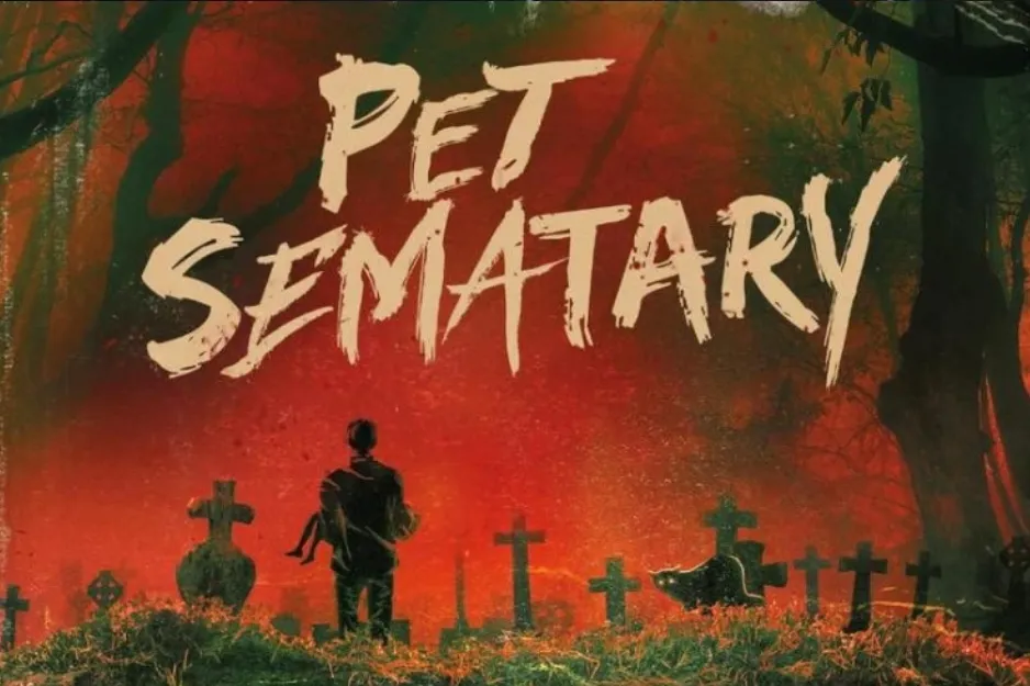 Pet Sematary movie poster with dark forest, graves, and a figure standing under ominous red sky.