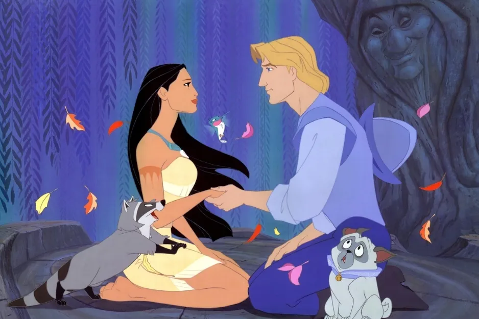 Animated scene from Pocahontas showing the main characters and animal companions in a forest setting.