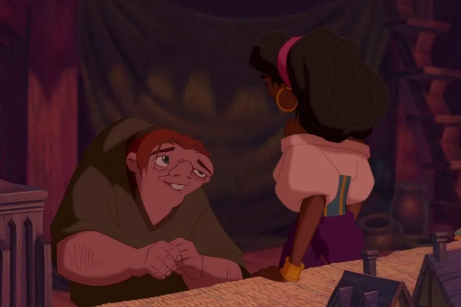 The Hunchback of Notre Dame character Quasimodo talking to a woman inside a dimly lit room.