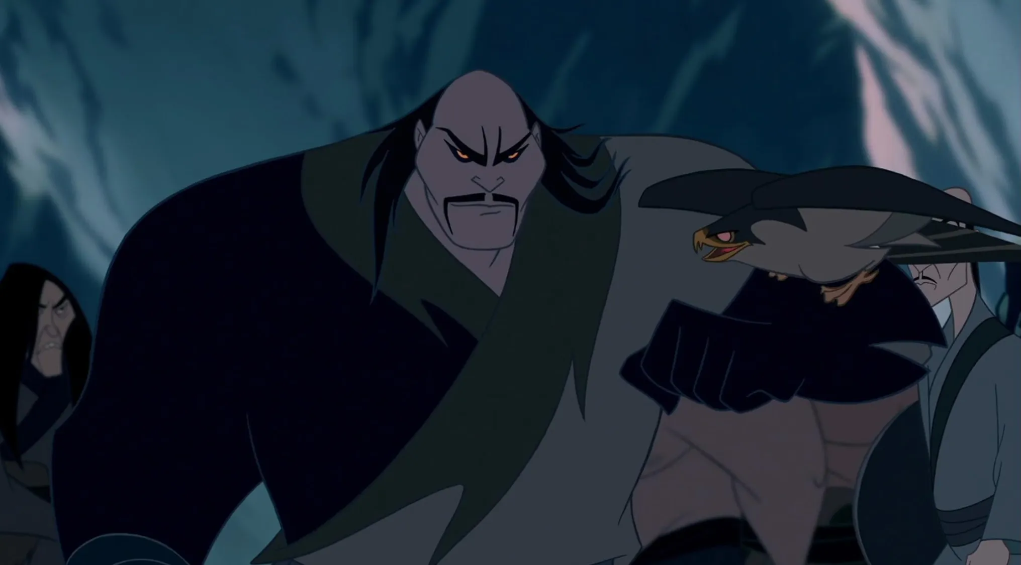 Animated '80s and '90s villain with dark eyes and a hawk, leading a brutal army in a night forest setting.
