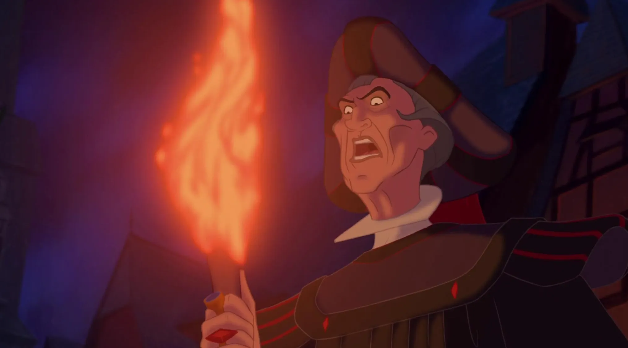 Strict authority figure villain holding a torch, showing obsession and cruelty from 80s and 90s animation.