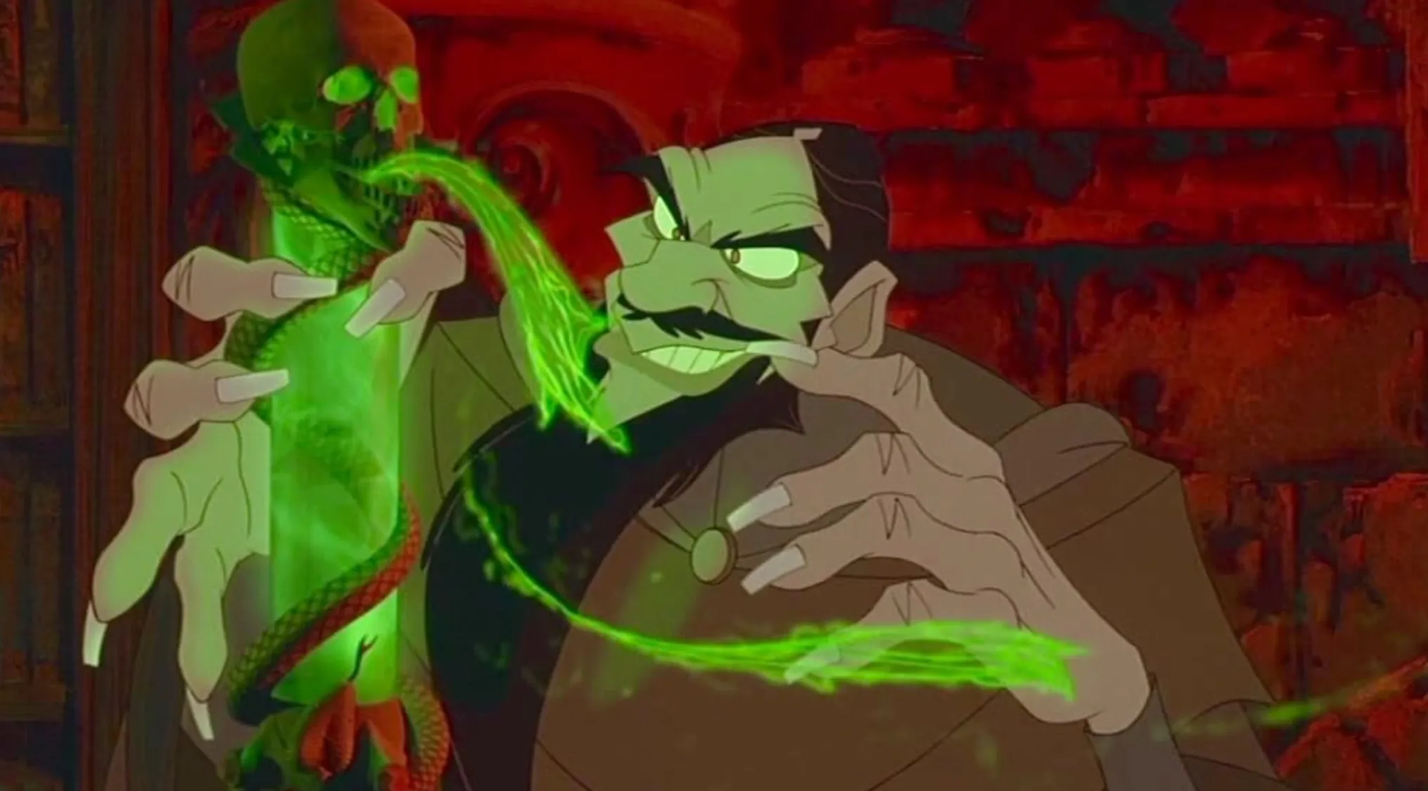 Animated '80s and '90s villains scene showing a sorcerer with dark mustache casting green magic from a skeletal skull potion.