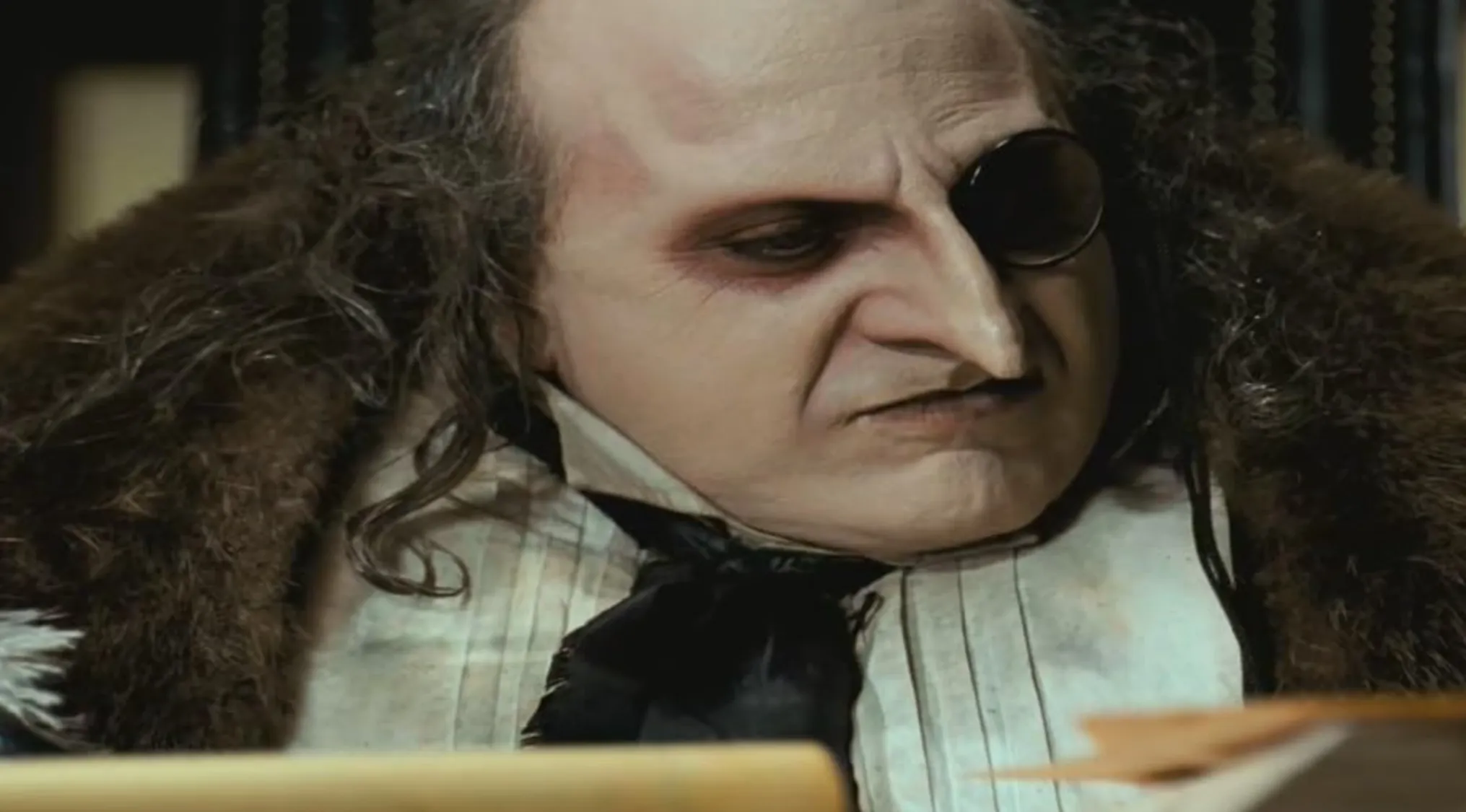 '80s and '90s villains character with an eyepatch, fur coat, and disheveled hair in a dramatic close-up scene.