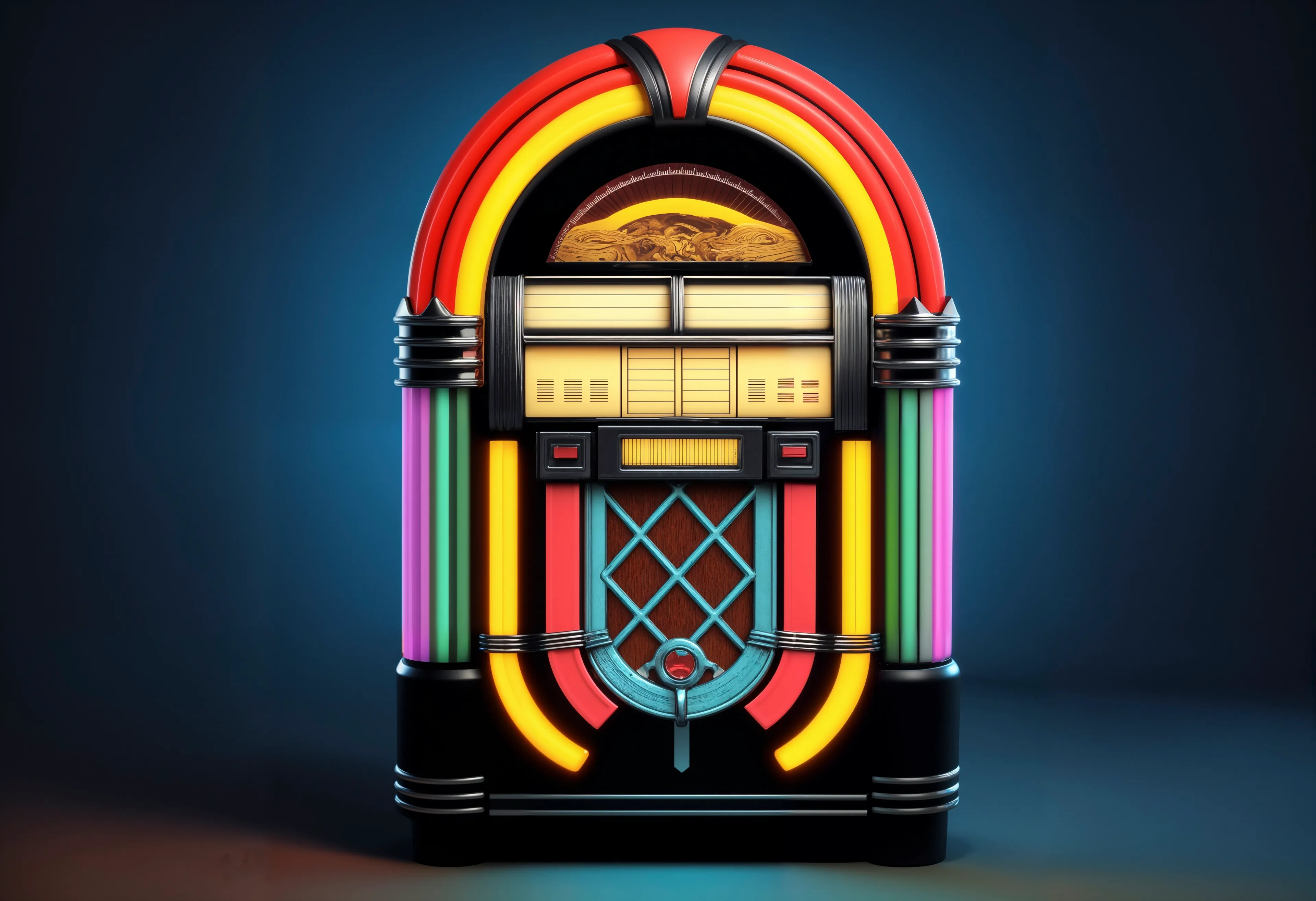 Colorful 1950s jukebox with vibrant neon lights, showcasing a classic vintage item perfect for restoration projects.