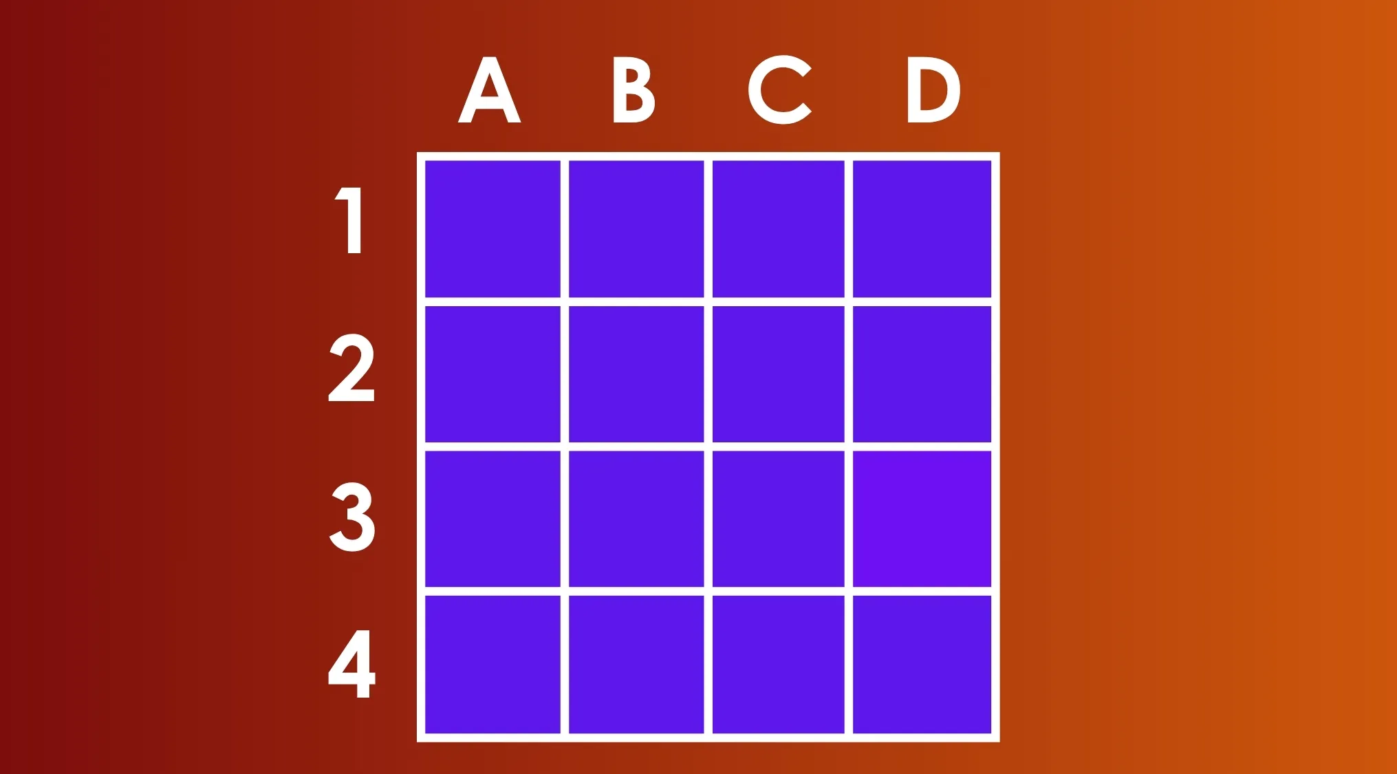 Grid of 16 purple squares labeled with letters and numbers for find the different shade color challenge.