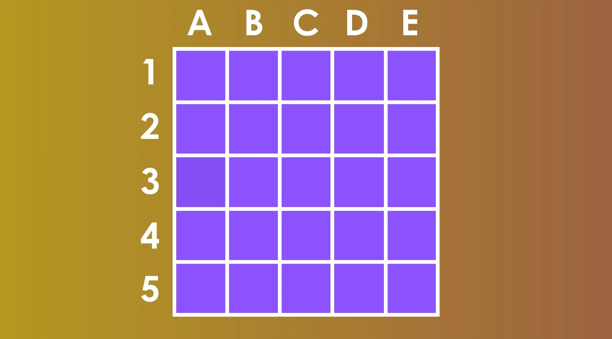 Grid of purple squares labeled A to E and 1 to 5 for find the different shade puzzle with increased square count.