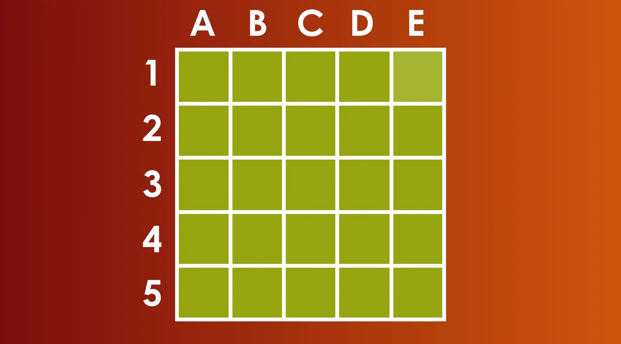 Grid of olive-green squares labeled A to E and 1 to 5, showing a subtle different shade as the outlier square.