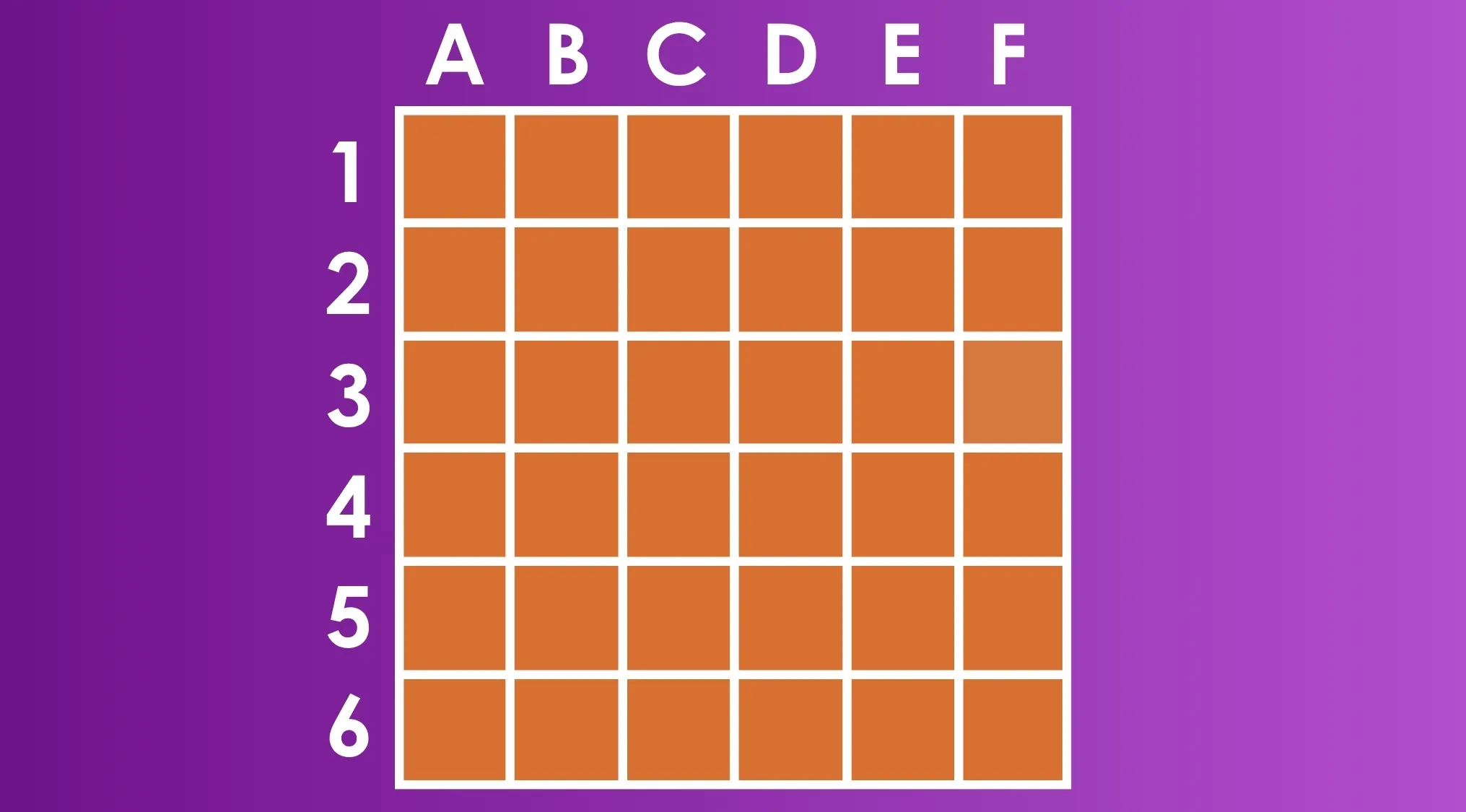 Grid of orange squares labeled with letters and numbers for a color puzzle to find the different shade standing out.