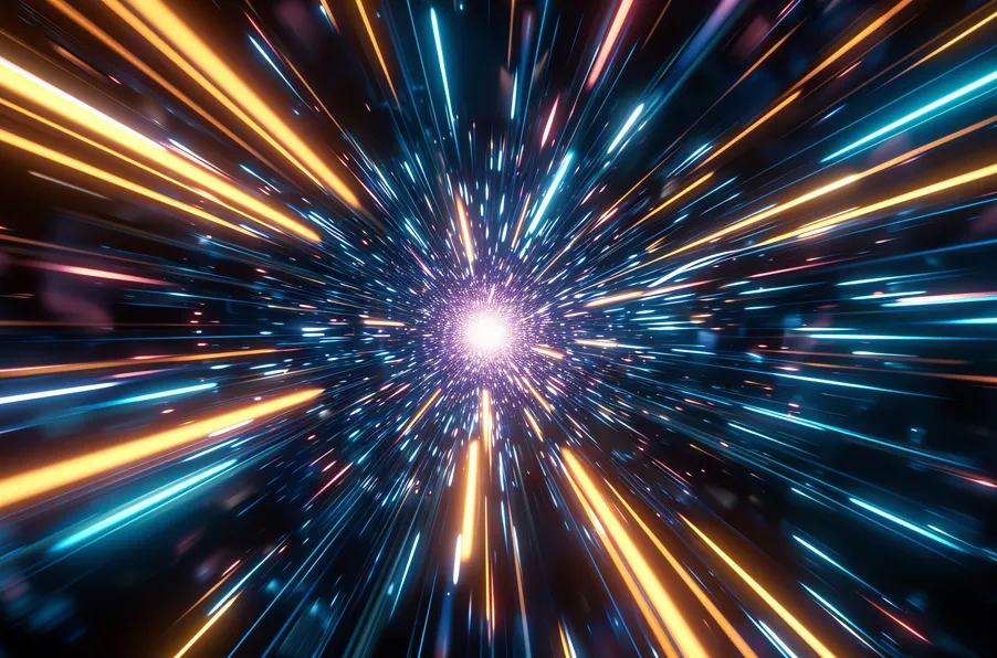 Abstract time travel effect with colorful light streaks converging to a bright center, symbolizing soul job matching.