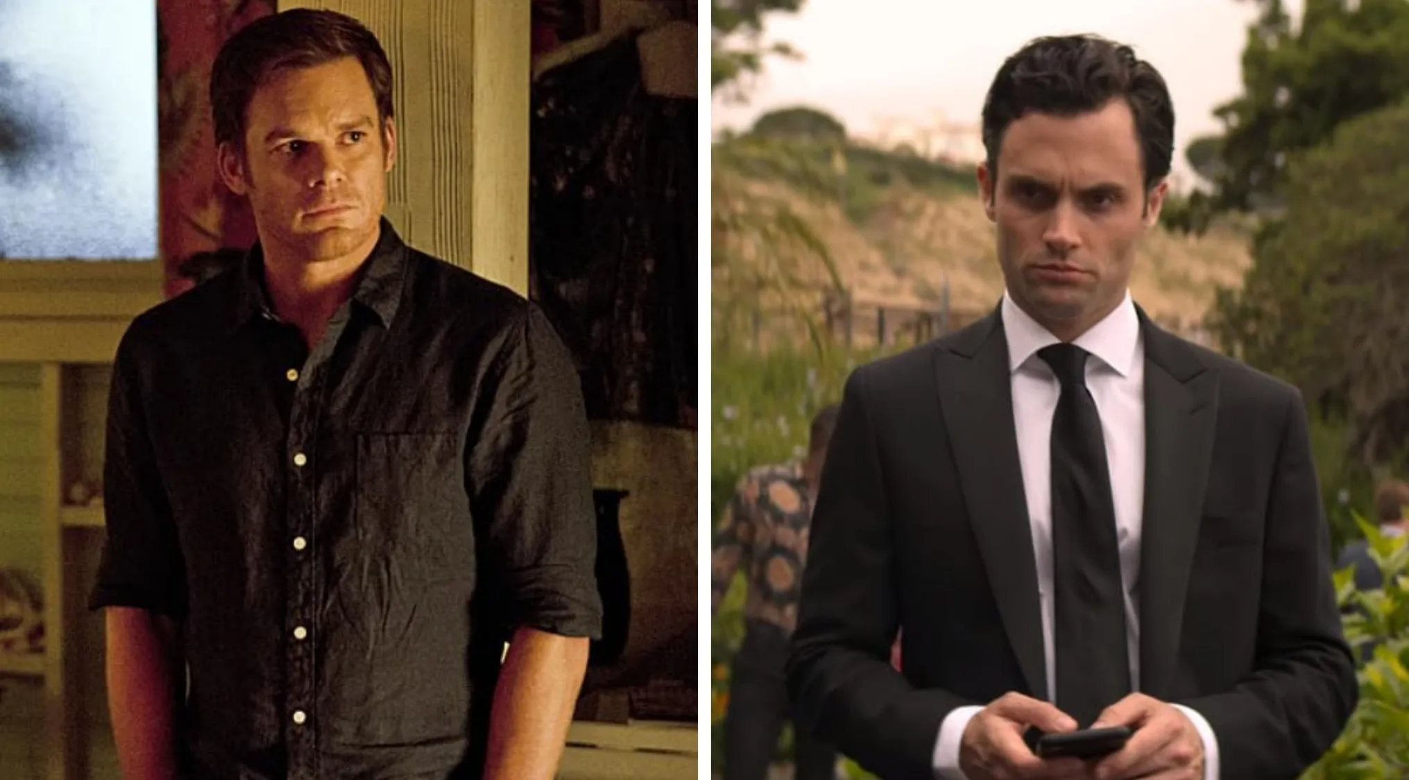 Side-by-side images of actors from Dexter and You, highlighting the psychological thriller TV shows trope connection.