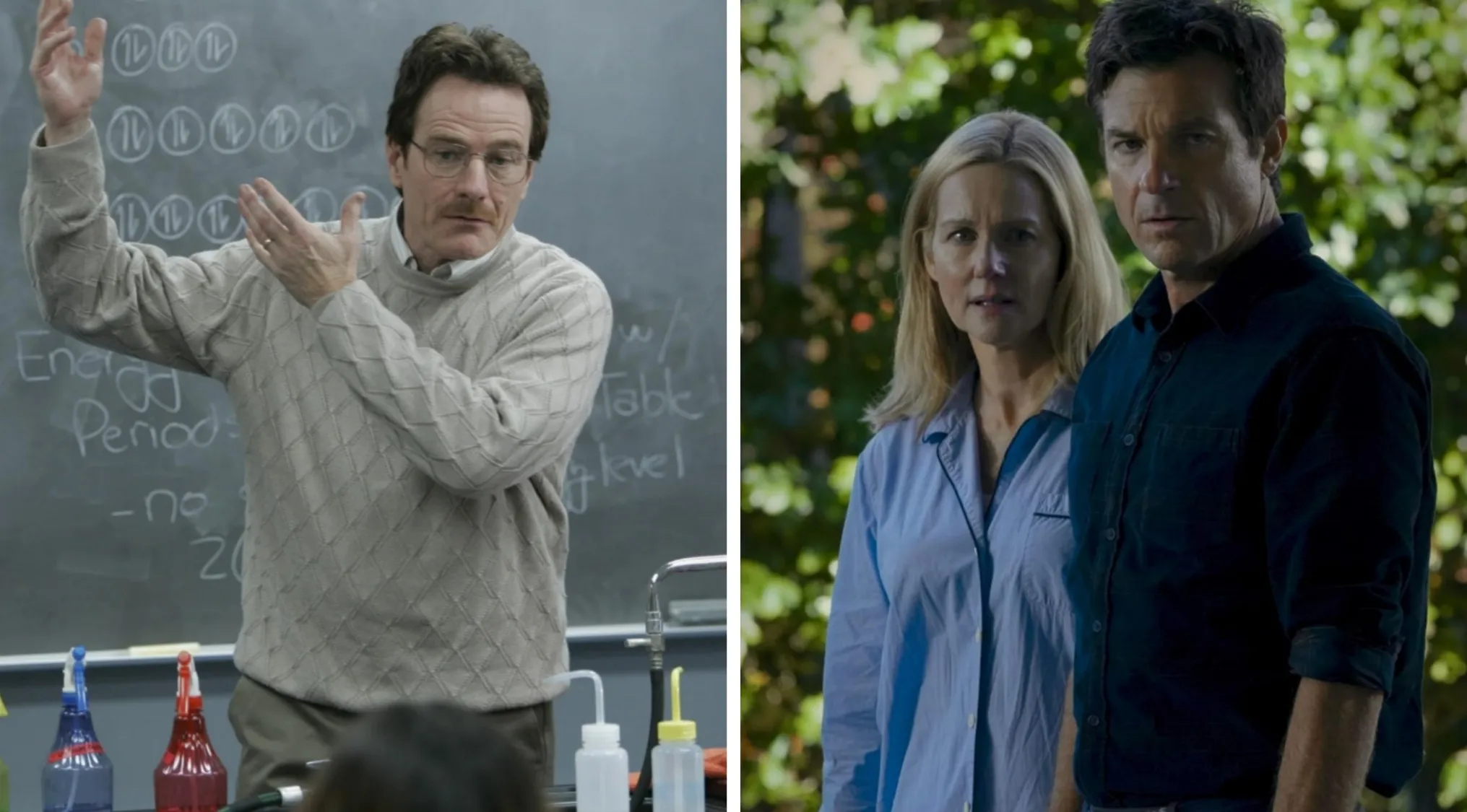 Scene from Breaking Bad and Ozark showing main characters with plot device suspense and tension in drama series.