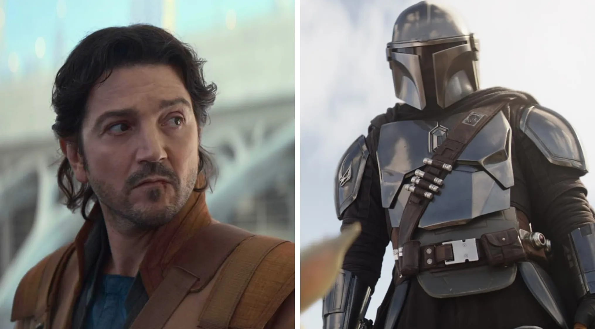 Split image showing a character from Andor on the left and a Mandalorian warrior in armor on the right from the Star Wars universe.
