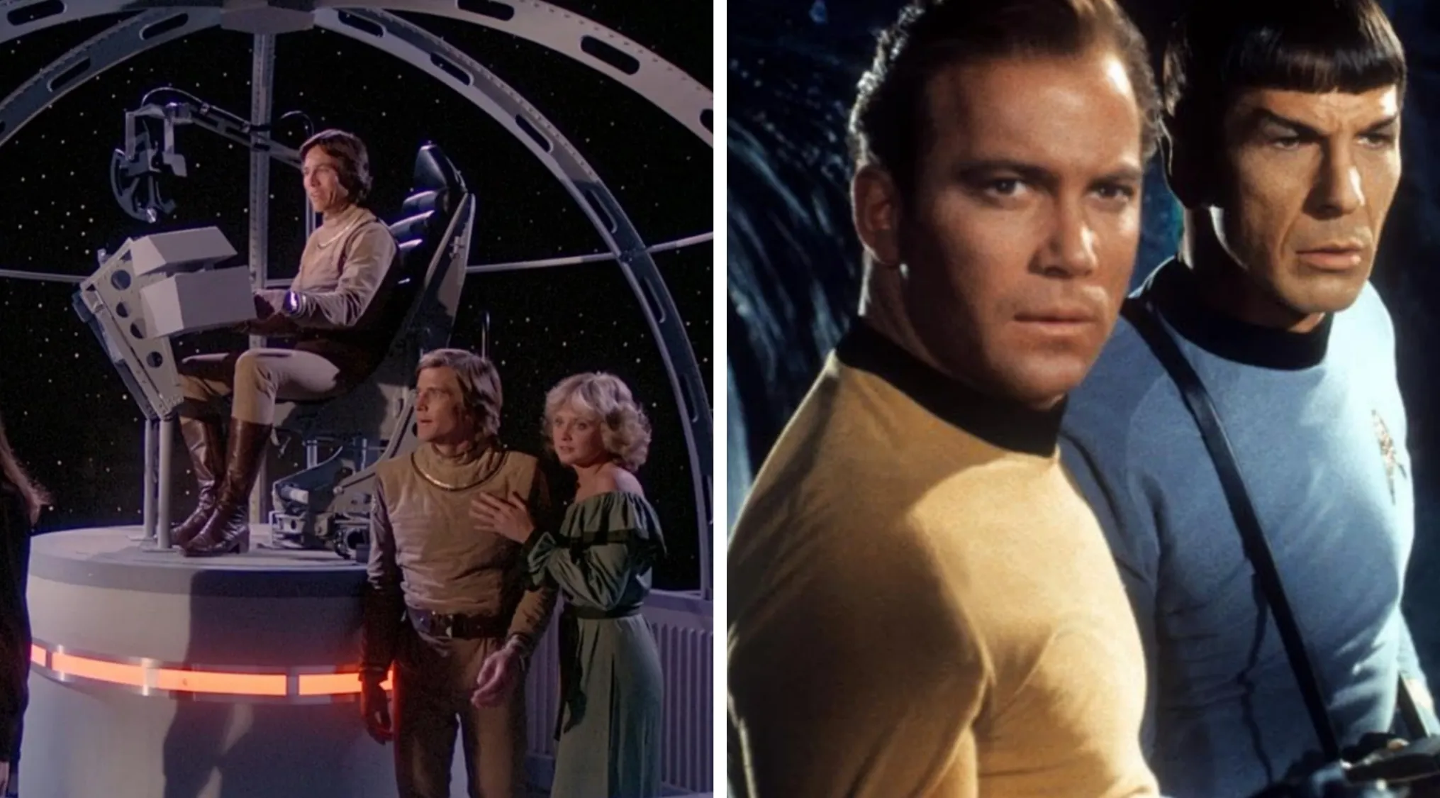 Primary setting of Battlestar Galactica and Star Trek original series featuring space and spaceship interiors.