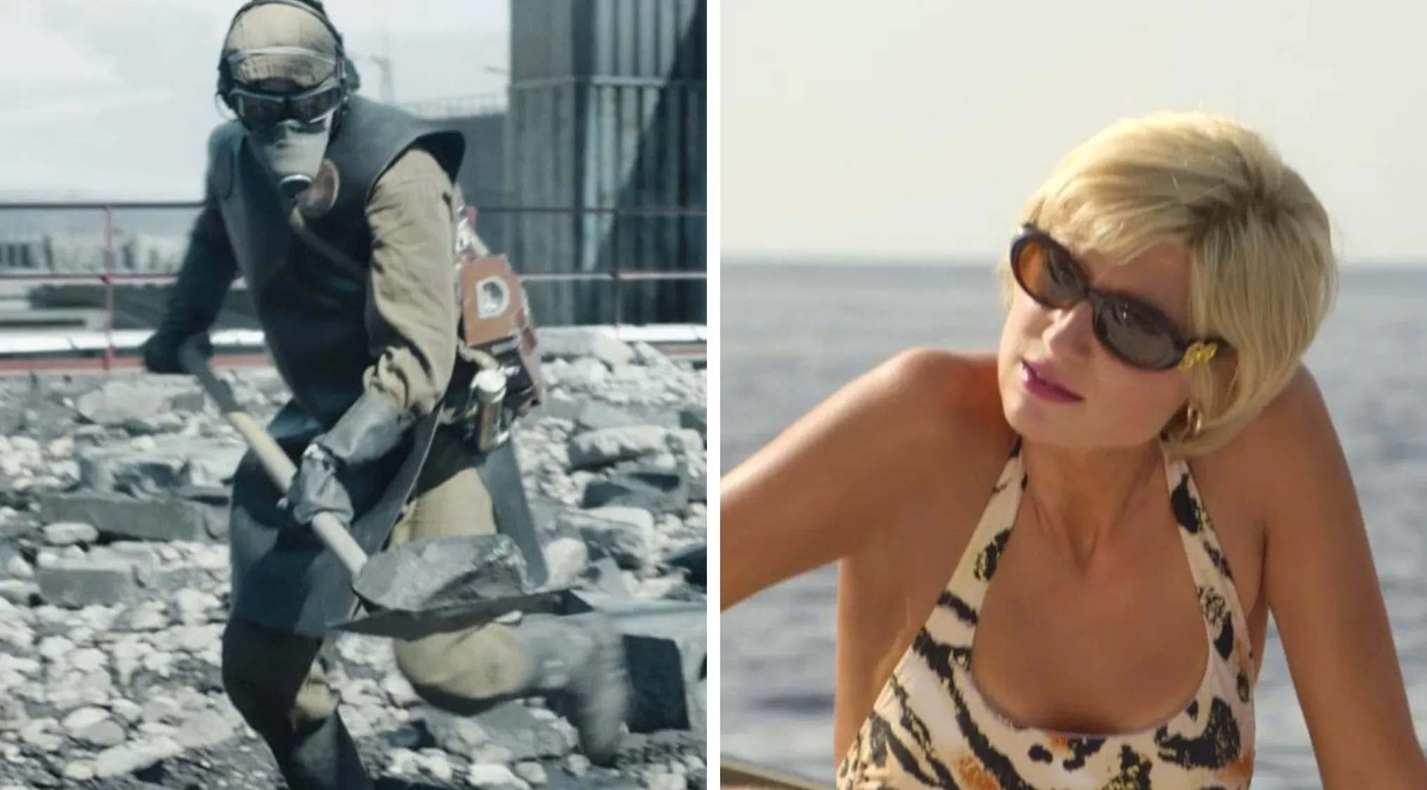 Split image showing a Chernobyl worker in protective gear and a woman in sunglasses from The Crown by the sea.