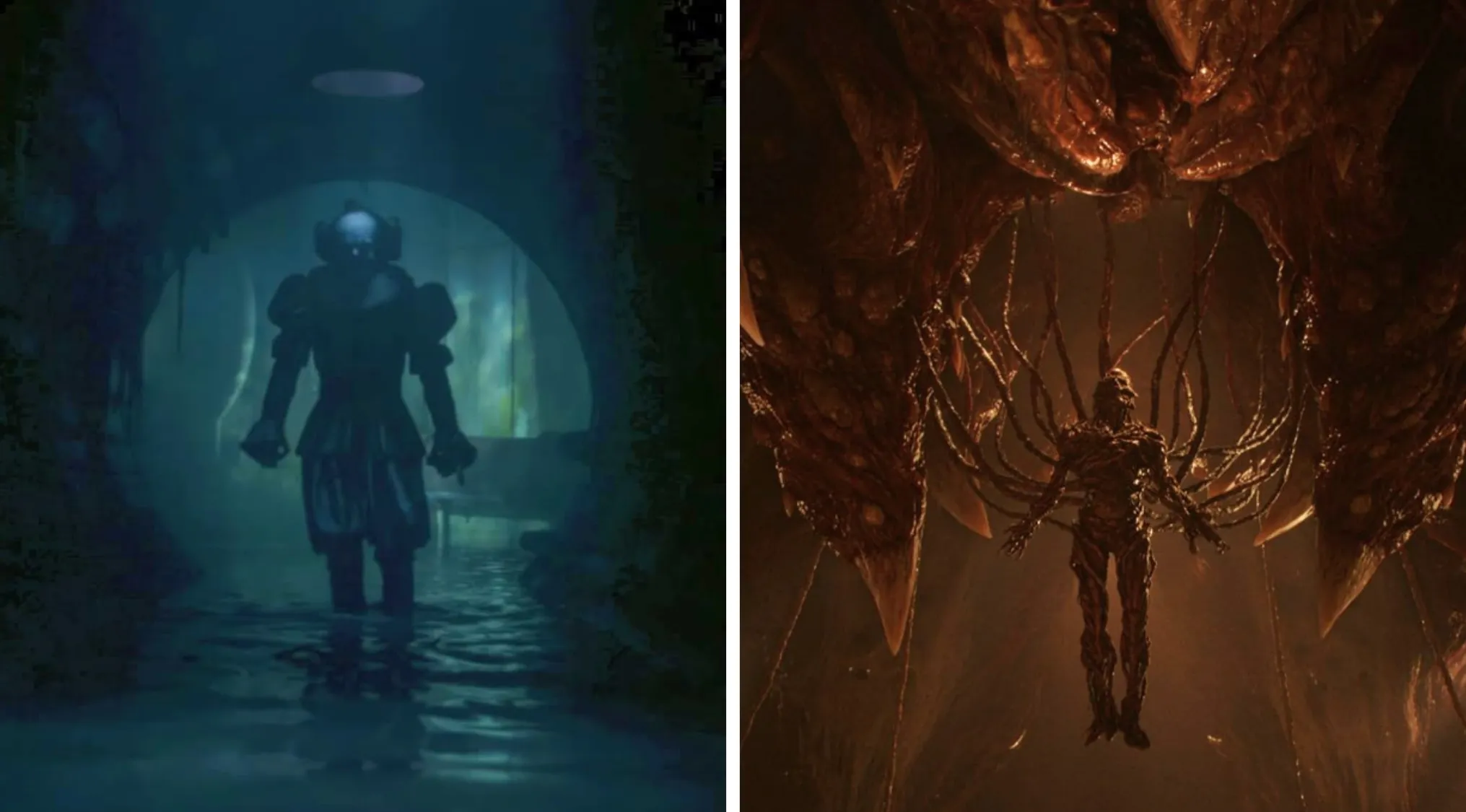 Silhouettes of dark eerie creatures in water and otherworldly lair, representing plot connection between IT Welcome to Derry and Stranger Things.