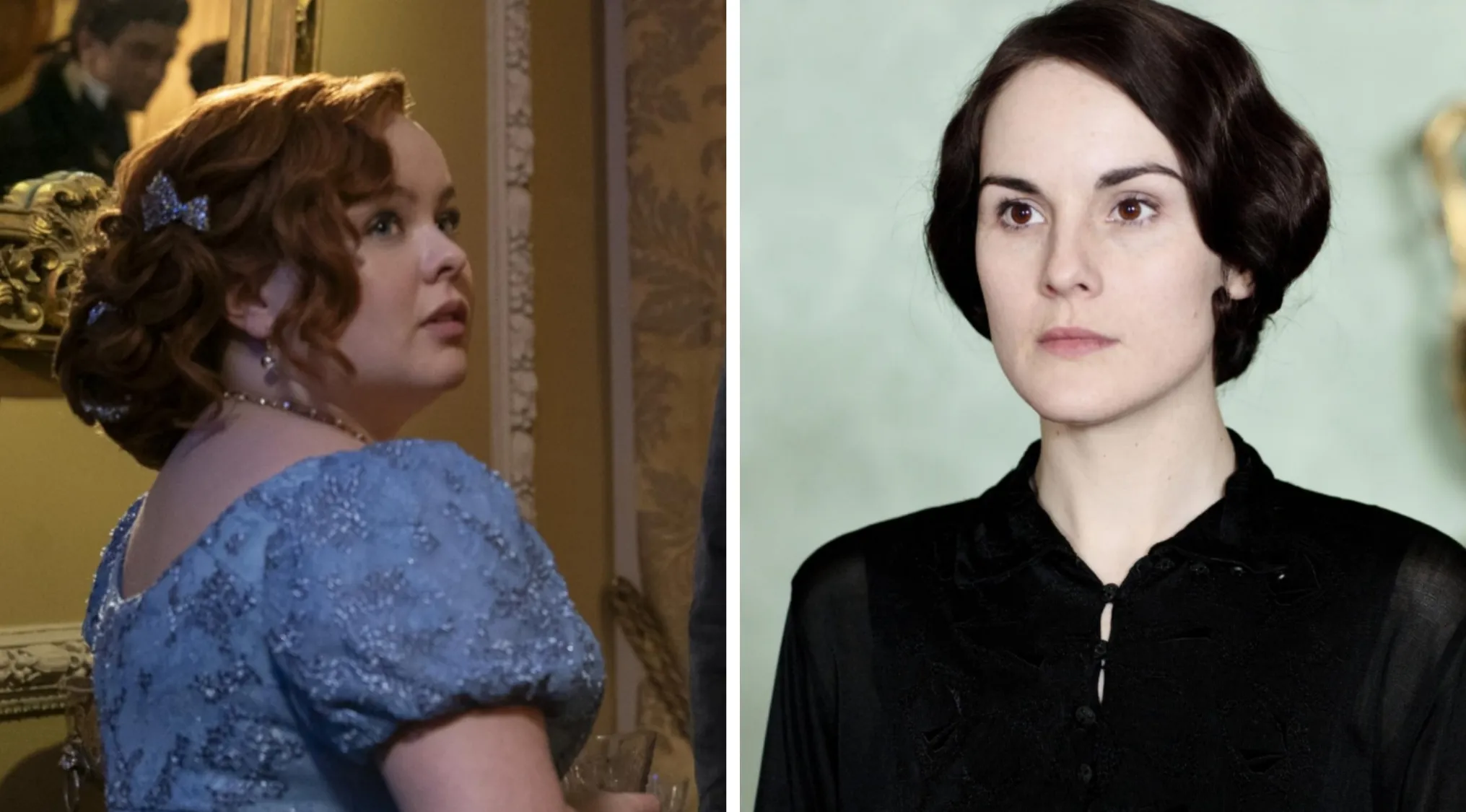 Two women in period costumes from Bridgerton and Downton Abbey, representing lives in historical drama TV shows.