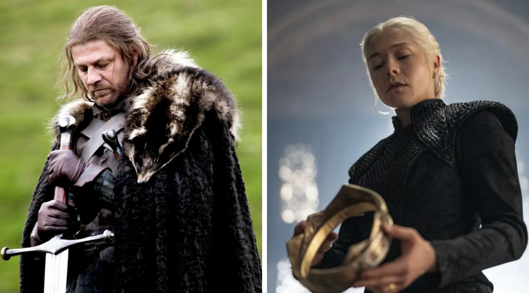 Split image showing Game of Thrones characters, highlighting connection between Game of Thrones and House of the Dragon TV shows.