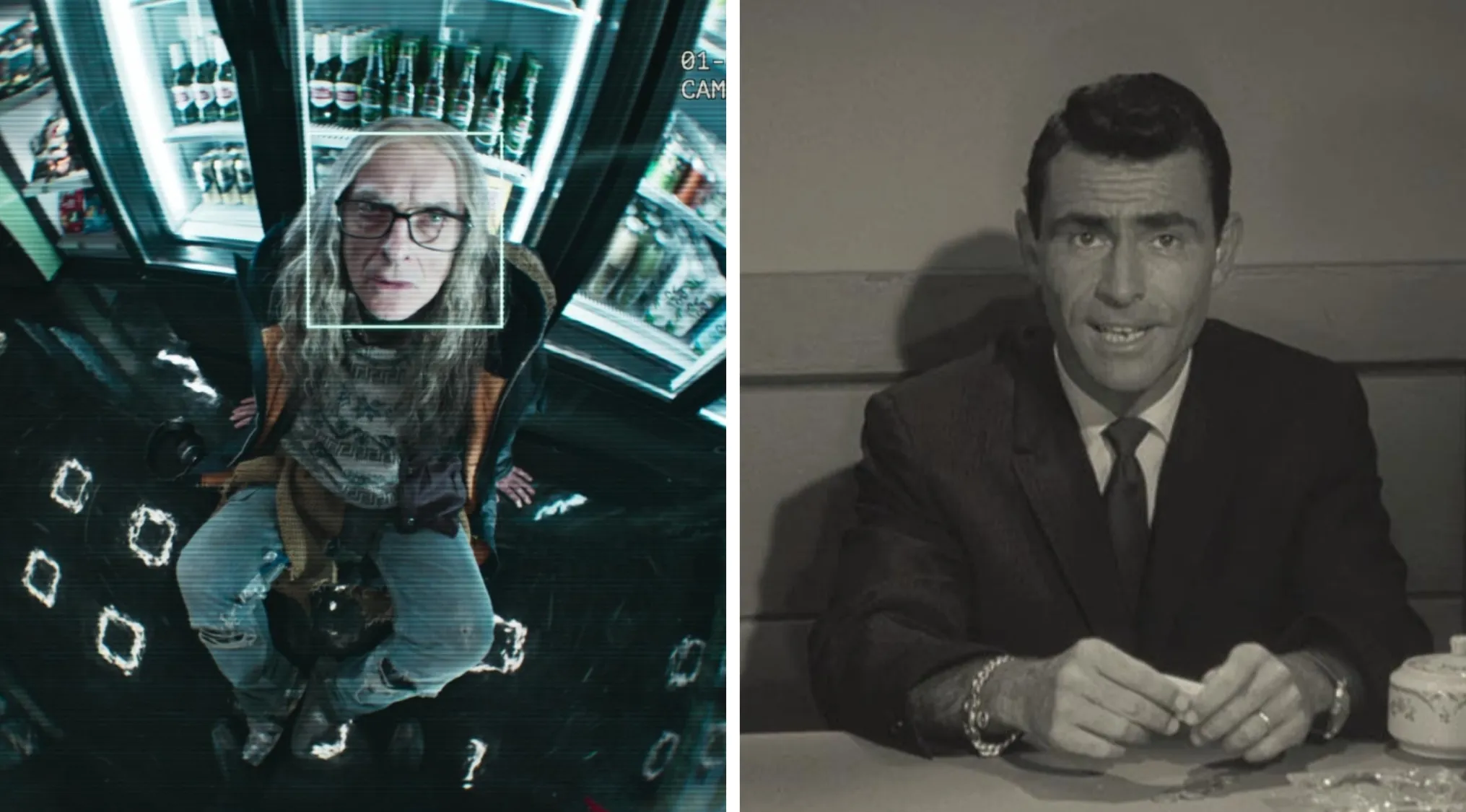 Side-by-side images showing a Black Mirror scene with surveillance and a black and white Twilight Zone scene with a man in a suit.