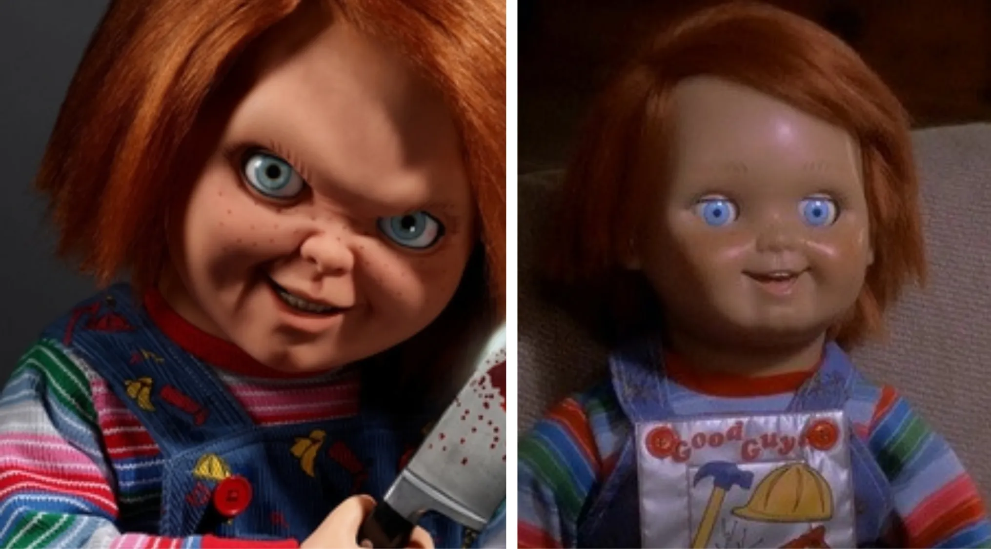 Chucky doll from 80s and 90s villains, a possessed child’s toy with red hair and blue overalls holding a bloody knife.