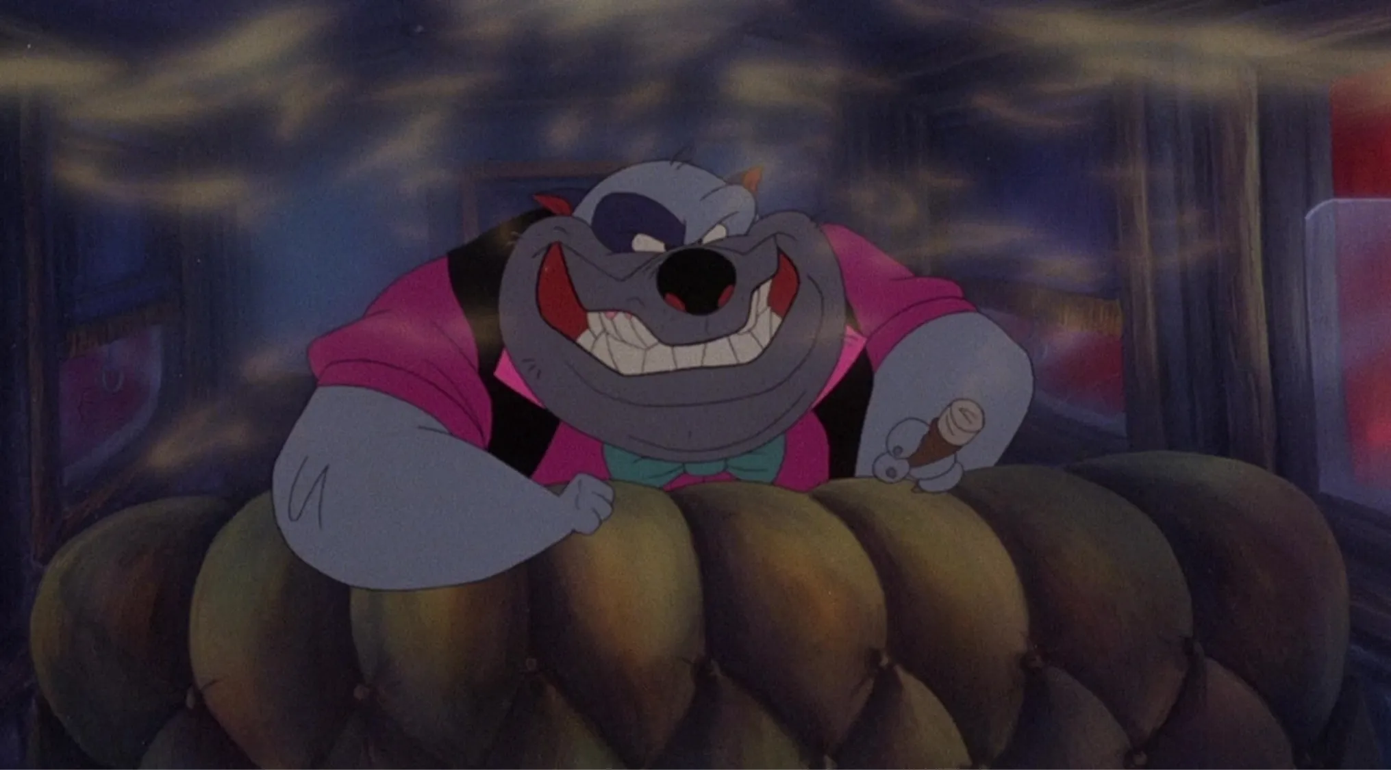 Animated '80s and '90s villain dog with a sinister grin smoking a cigar, plotting to stay in control through betrayal.