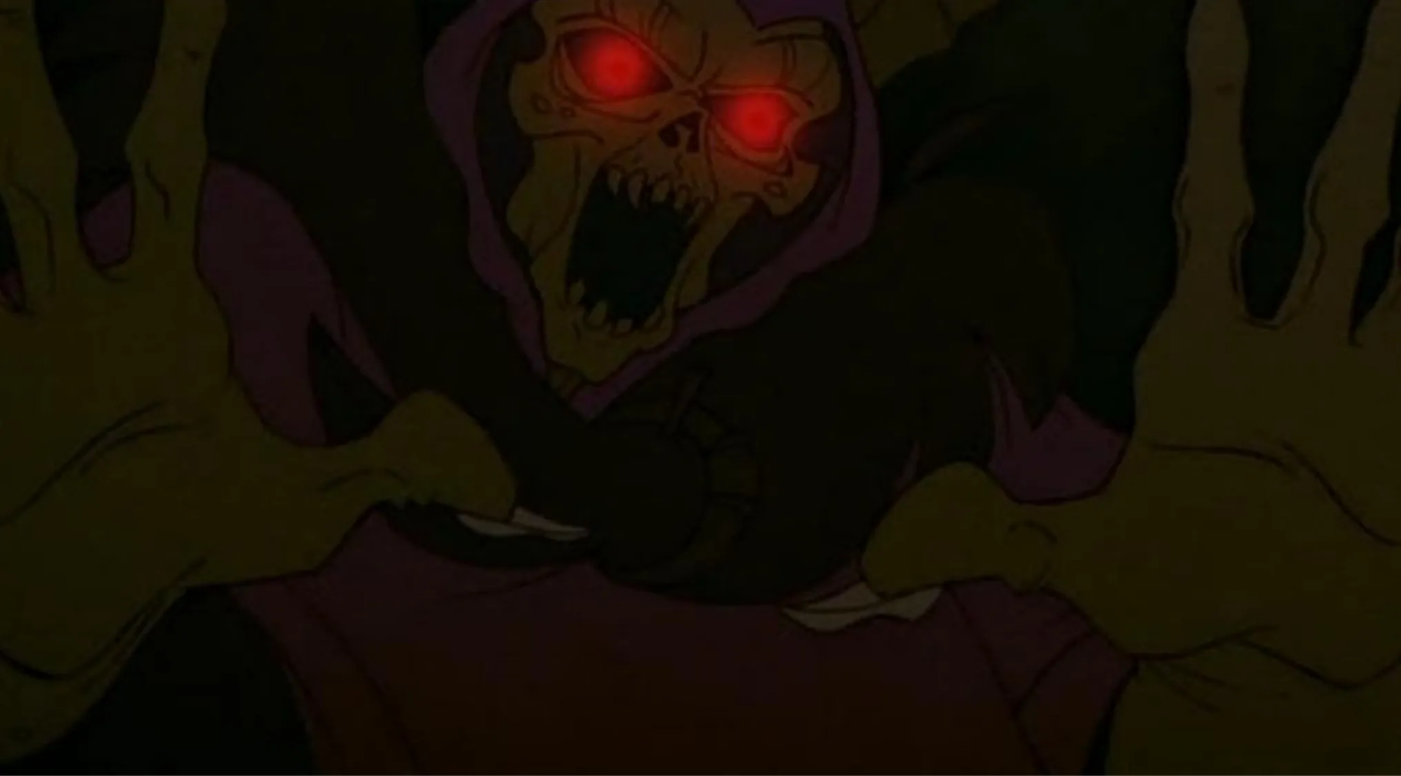 Villain with glowing red eyes using dark magic to raise an army from an '80s and '90s animated film.