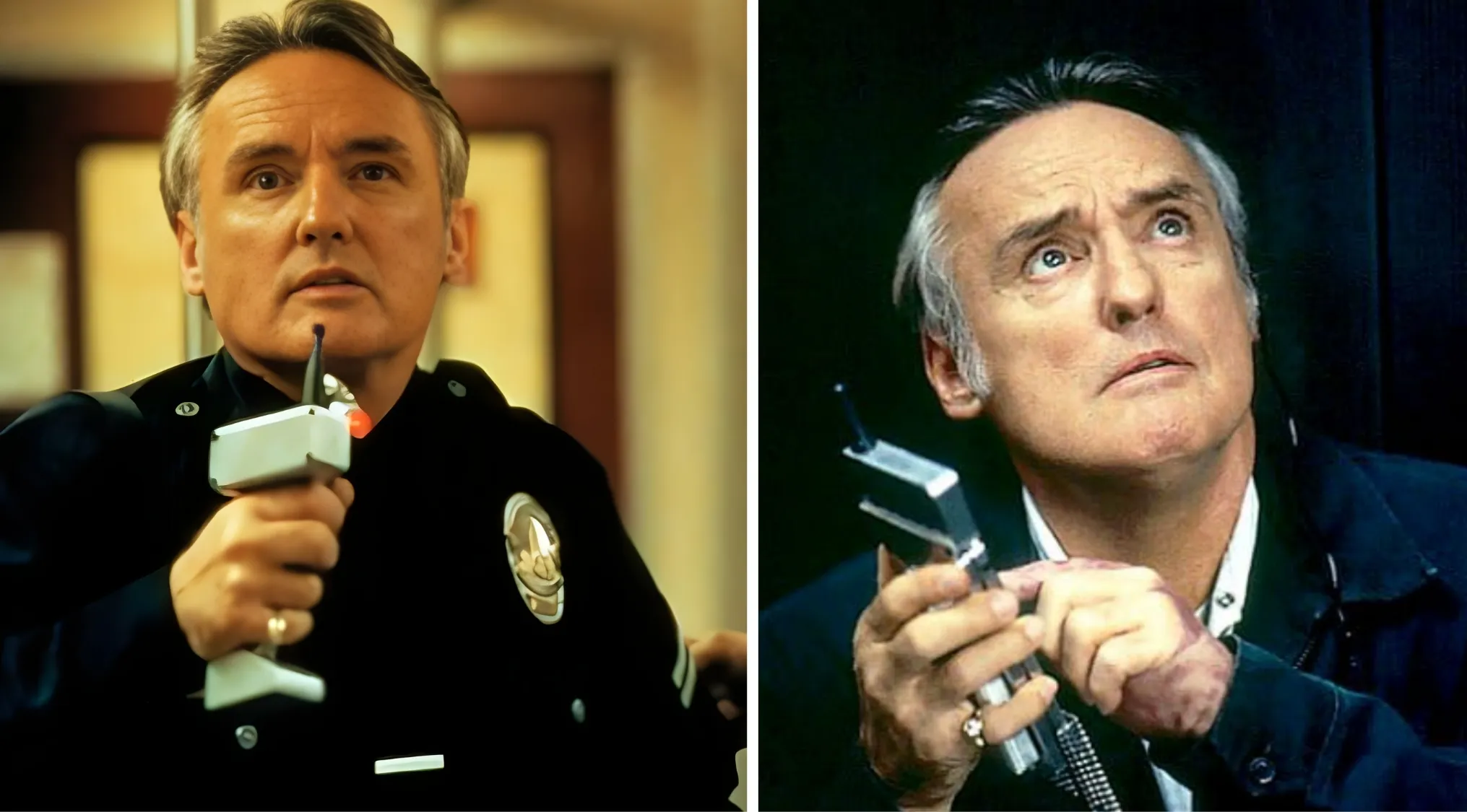 '80s and '90s villains creating deadly games, shown holding weapons in tense movie scenes.