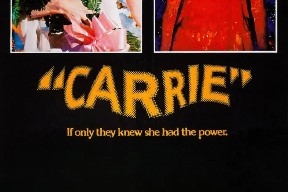 Poster of the film Carrie featuring bold yellow text and credits for the horror movie by Brian De Palma.