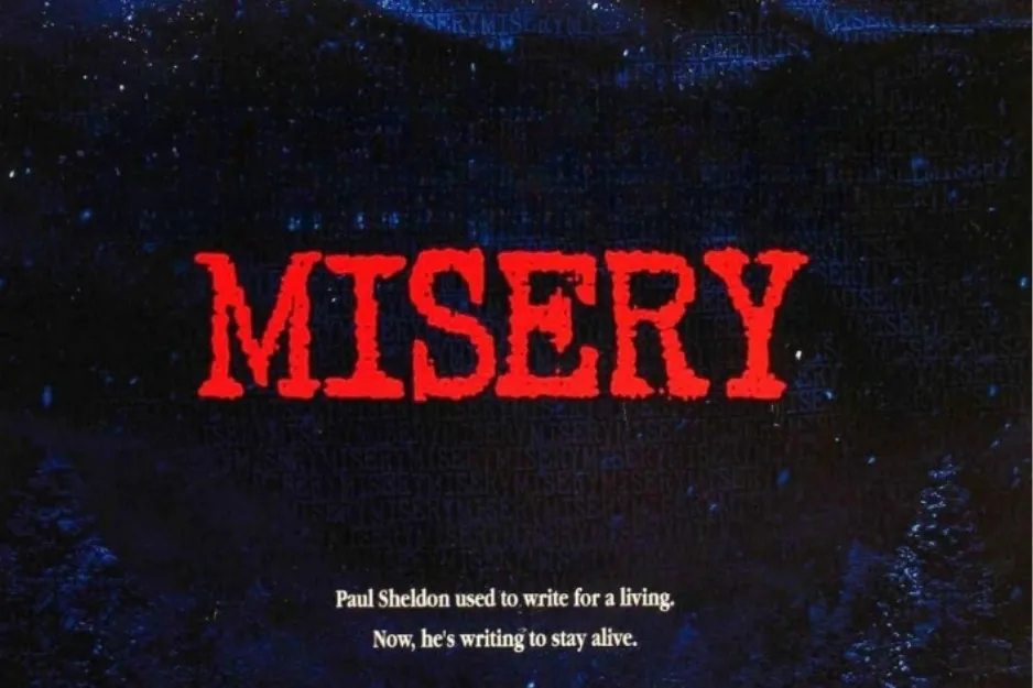 Misery movie title card in red text with dark night background referencing obsession and control themes.