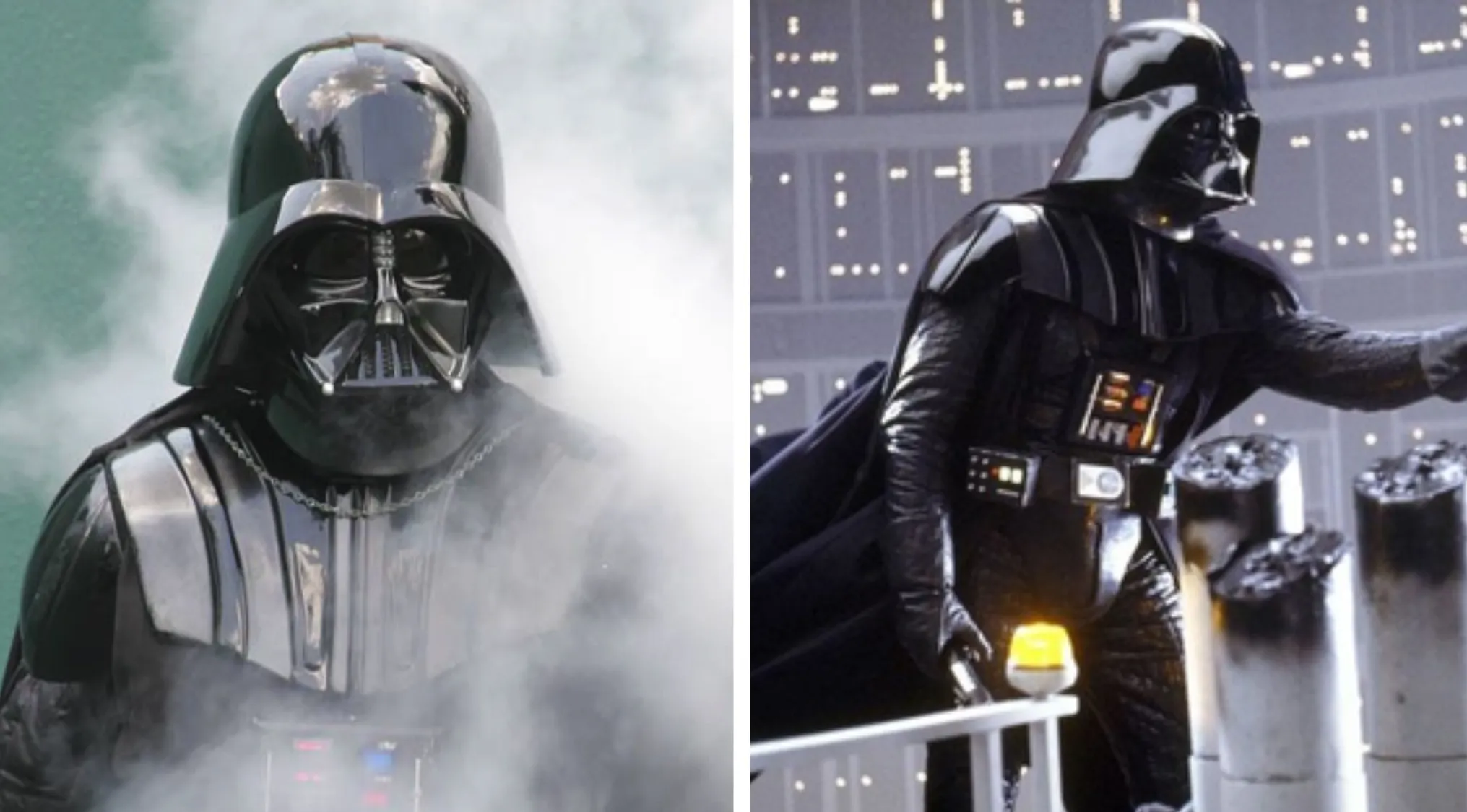 Darth Vader, iconic '80s & '90s villain, in black armor and helmet, surrounded by smoke, from Star Wars franchise.