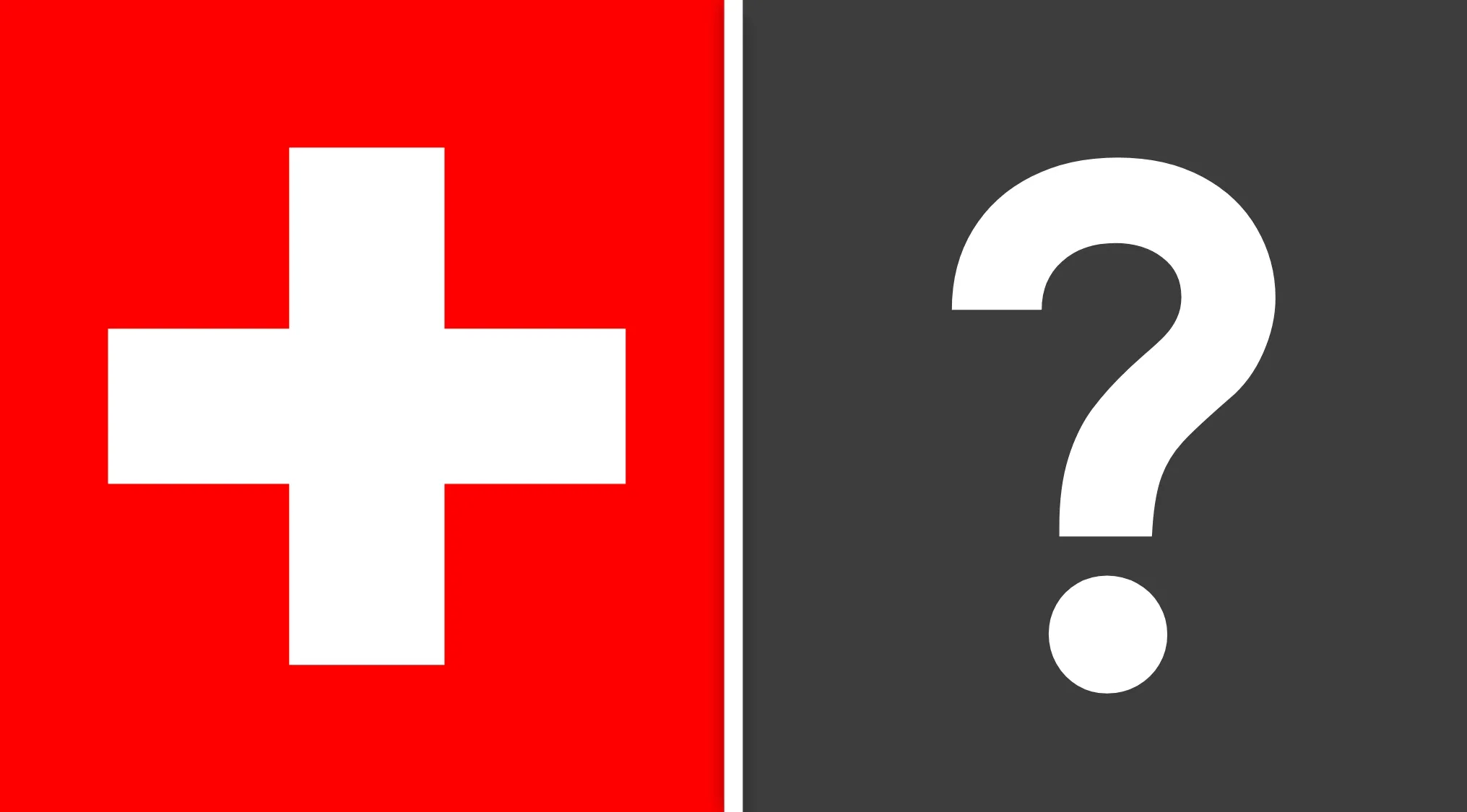 Split image showing the Swiss flag on the left and a question mark on the right for geography challenge flags quiz.
