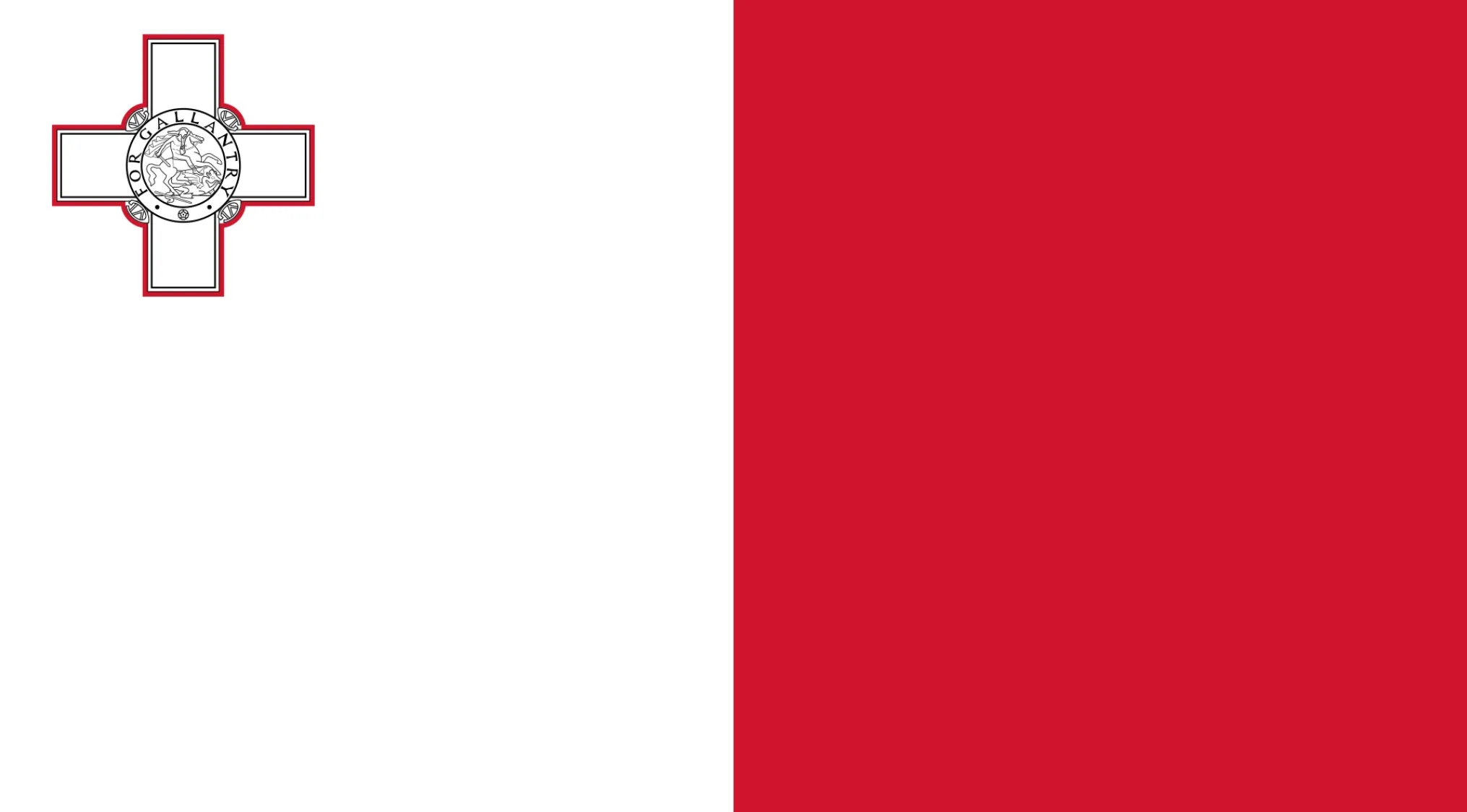 Flag of Malta with a white and red vertical bicolor and a George cross in the top left, geography challenge country flag quiz.
