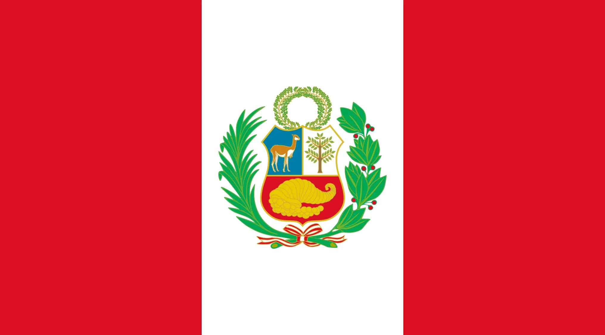 Peru flag featuring a vertical red-white-red tricolor with a detailed coat of arms in the center, geography challenge quiz image.