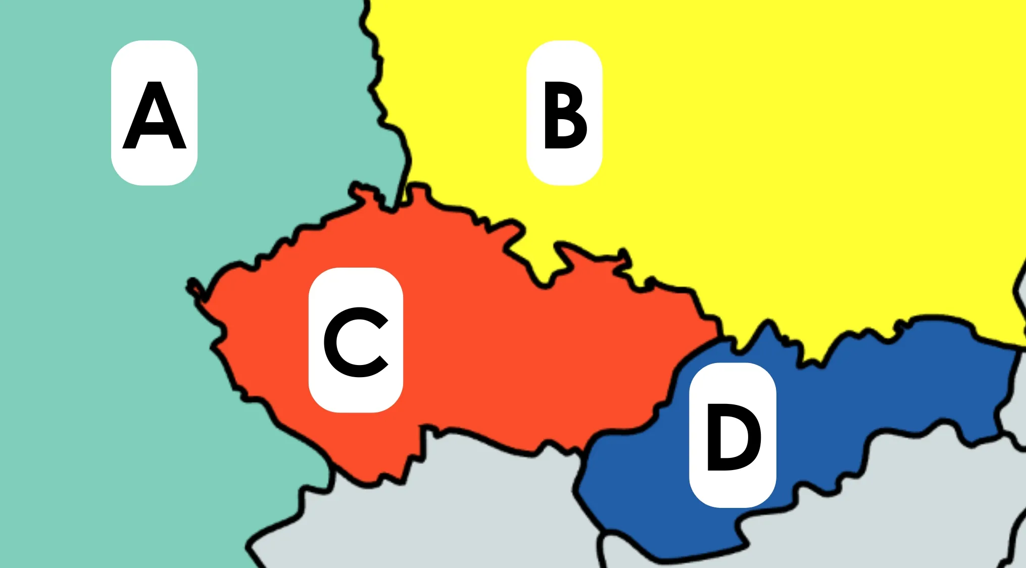 Sliced map geography challenge showing countries labeled A, B, C, and D with highlighted borders to guess country B.