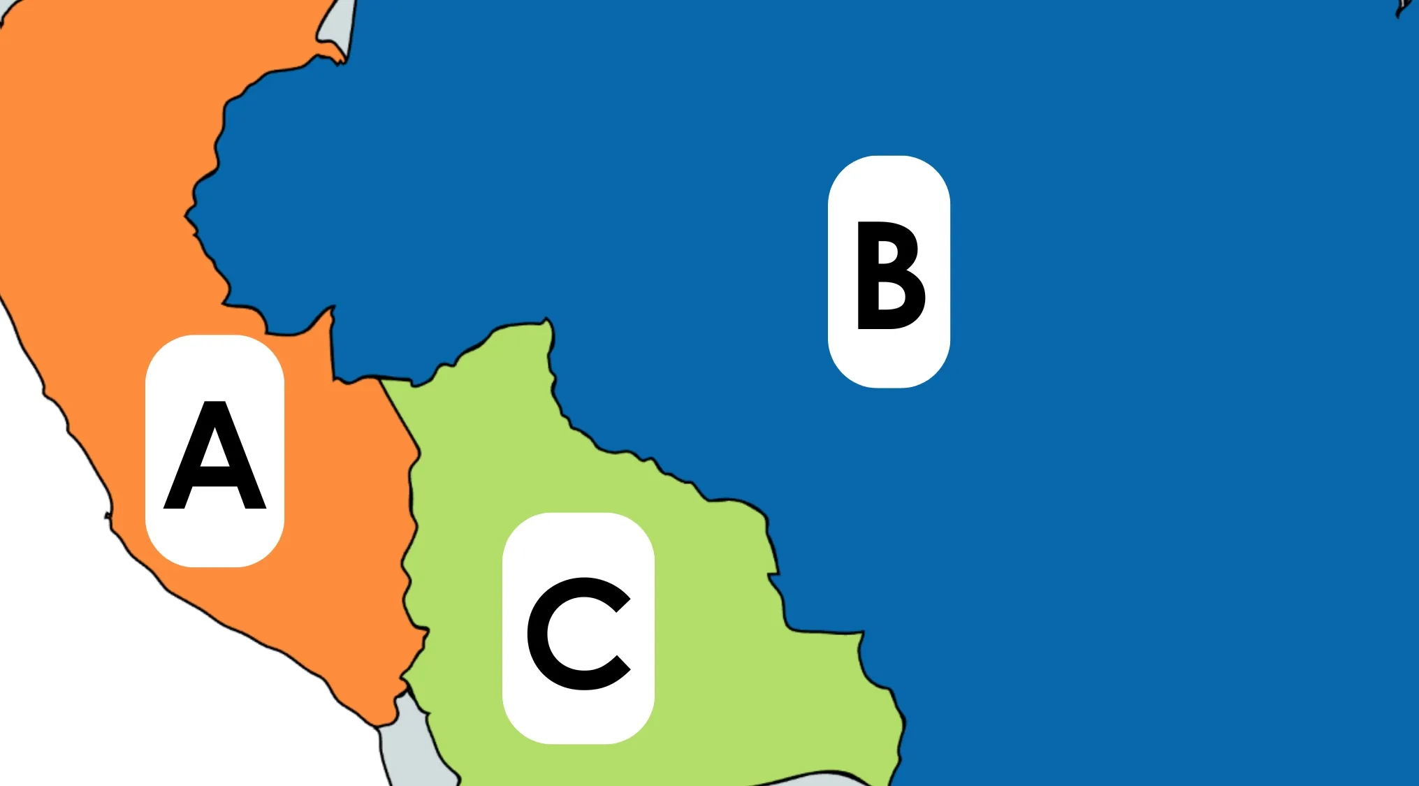 Sliced map showing labelled country sections A, B, and C for geography challenge guessing the country for B.