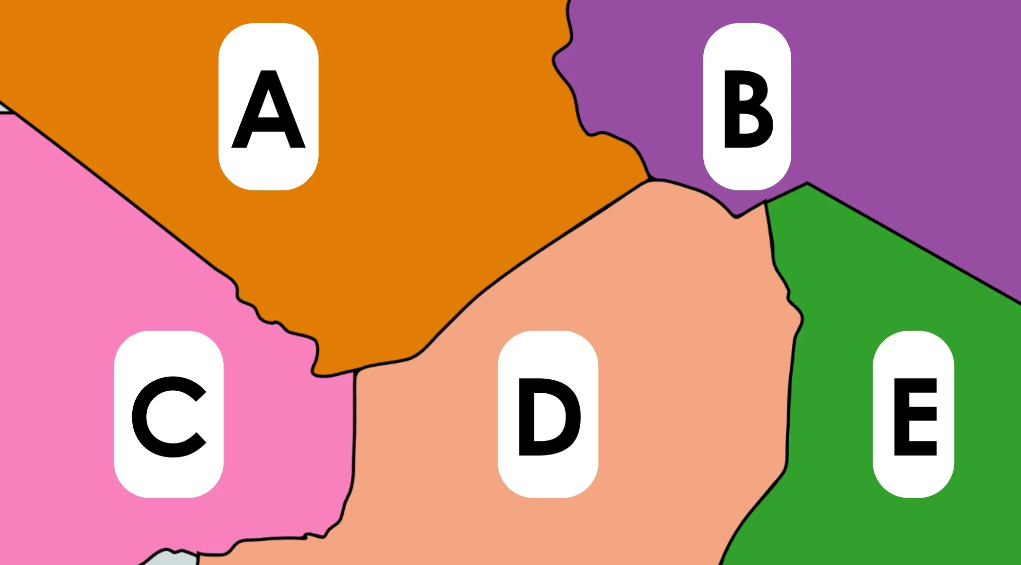Sliced map showing labeled regions A, B, C, D, and E in different colors for geography challenge guess the country.
