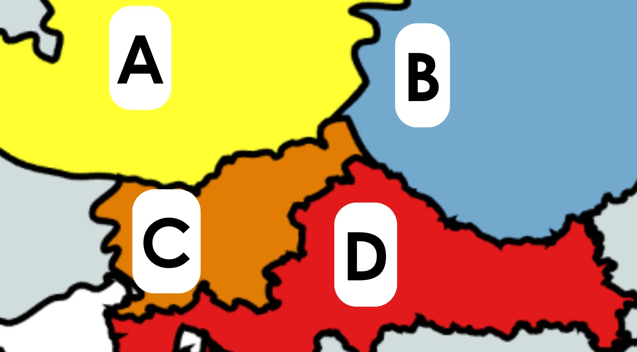 Sliced map labeled with letters A, B, C, and D for geography challenge guessing the country from the map segment B.