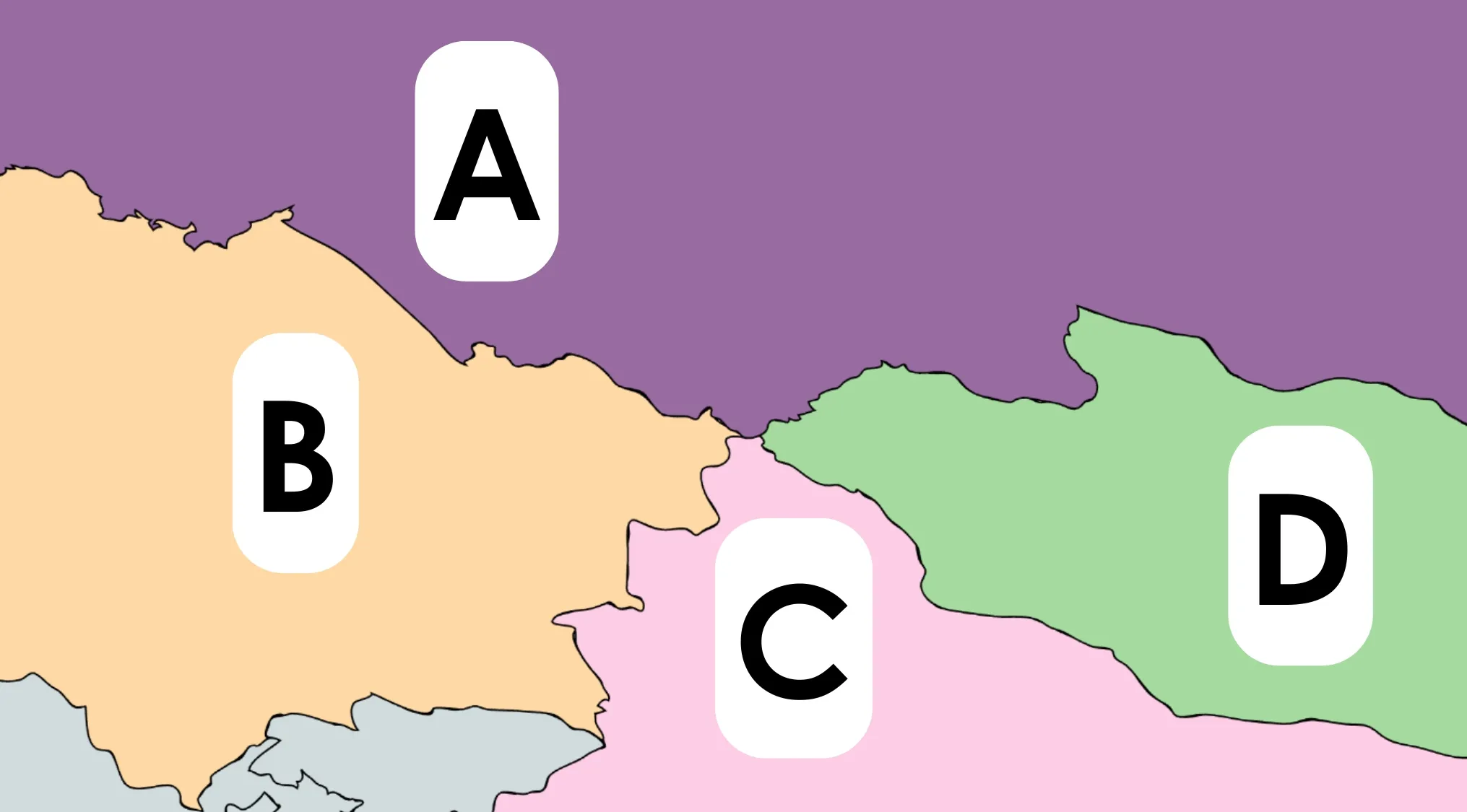 Sliced map showing regions labeled A, B, C, and D for a geography challenge to guess the country A represents.