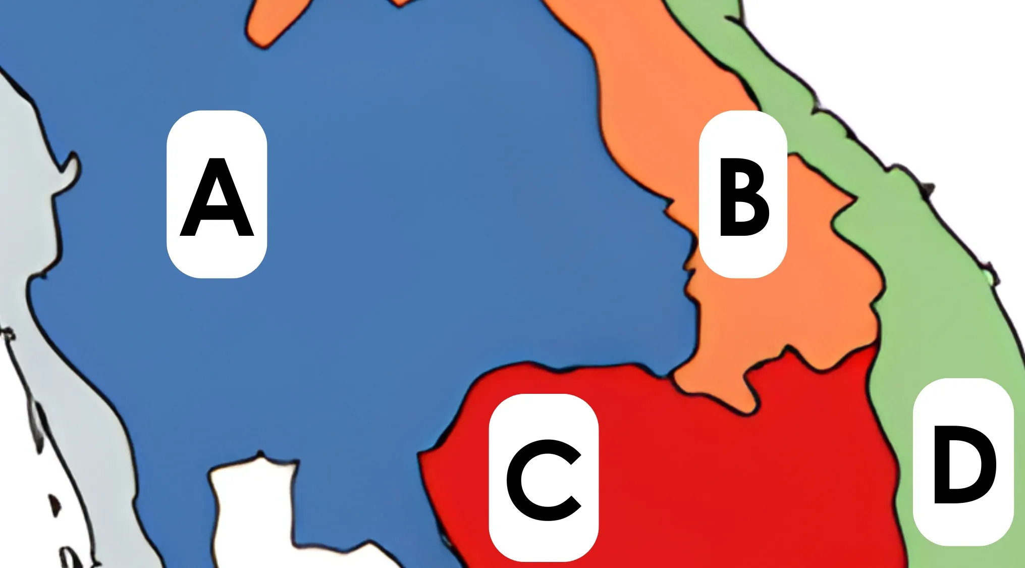 Sliced map showing four color-coded countries labeled A, B, C, and D in a geography challenge quiz.