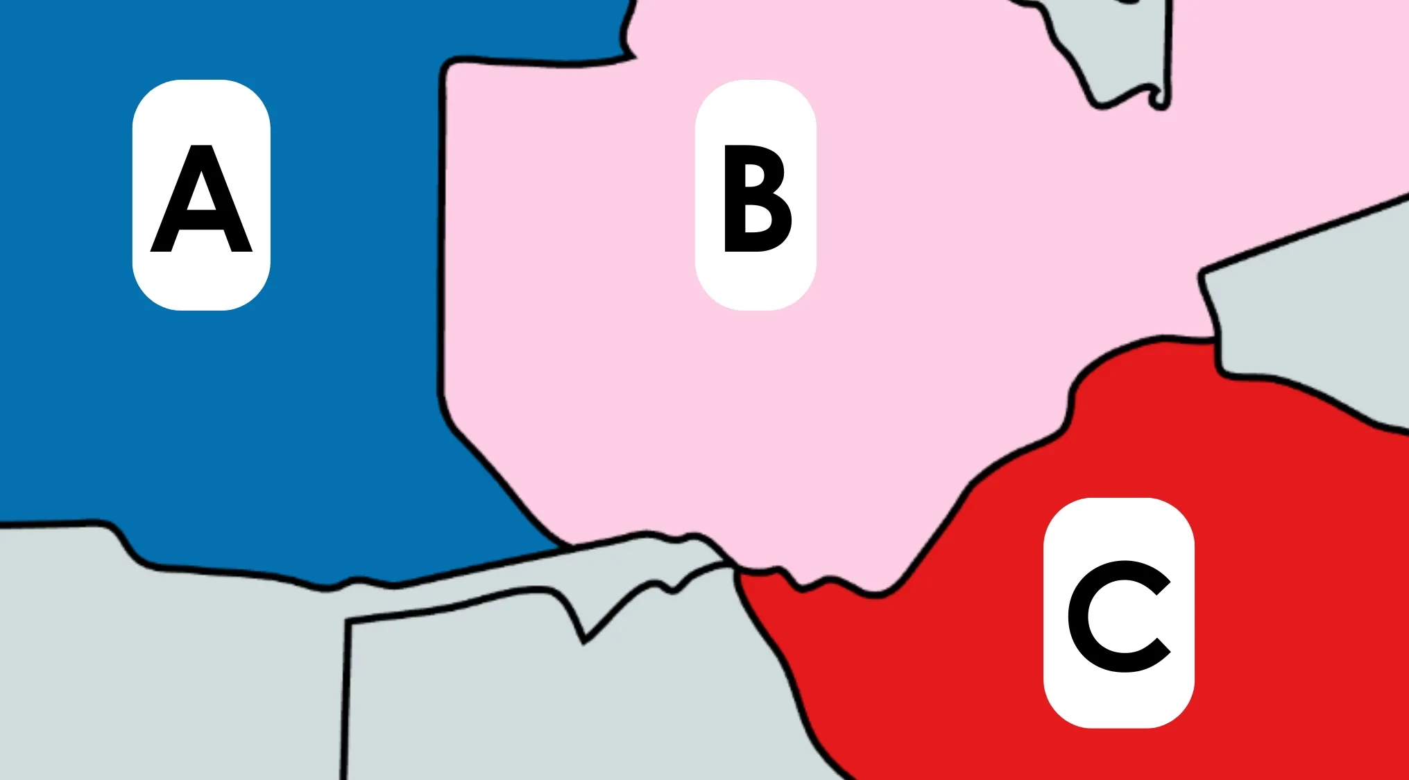 Sliced map geography challenge showing labeled countries A, B, and C for guessing the country with label C highlighted in red.