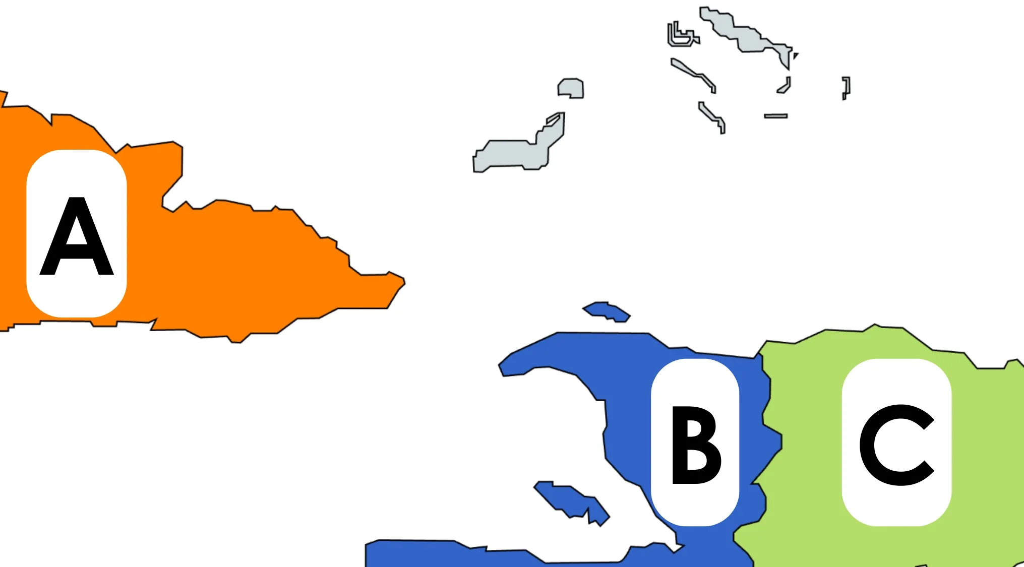 Sliced map geography challenge showing country labeled A in orange, B in blue, and C in green for guessing quiz.