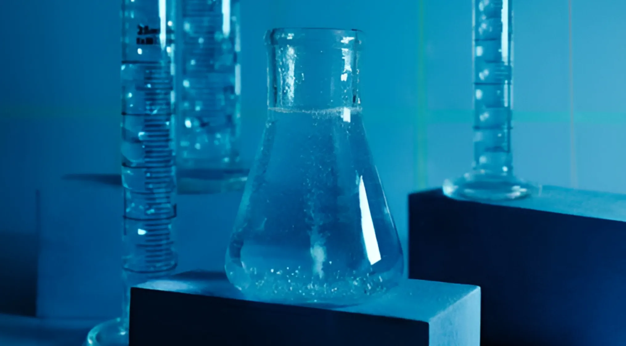 Laboratory glassware with clear liquid and bubbles, illustrating stomach acid strong enough to dissolve some metals.