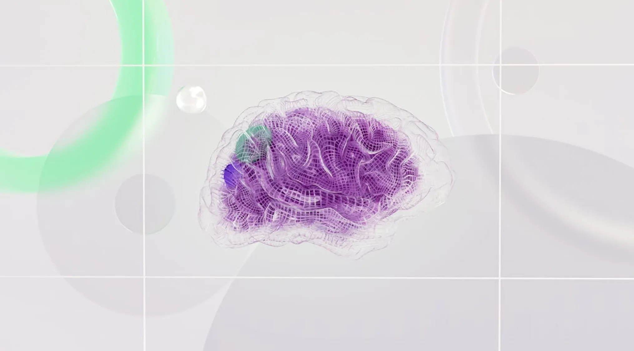 3D purple brain model with wireframe design illustrating concepts of left-brained and right-brained science and myth.