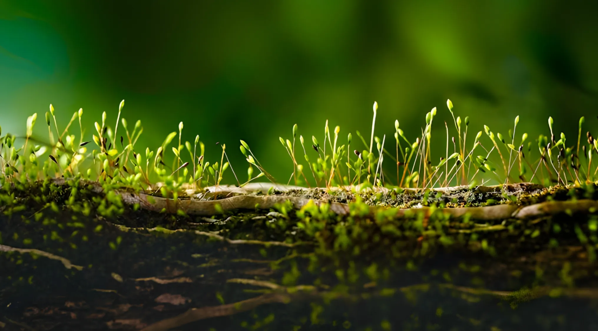 Close-up of small green plants growing on a mossy log, illustrating plants communicating through underground networks.
